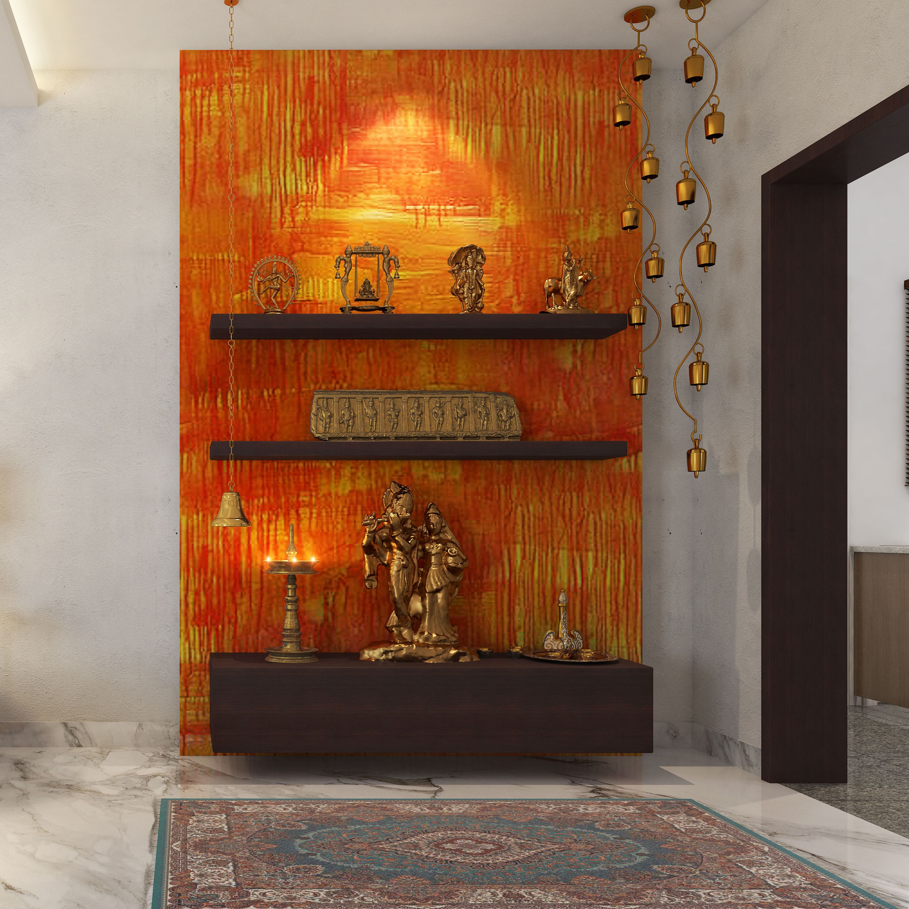 Brazilian Walnut Traditional Pooja Unit Design