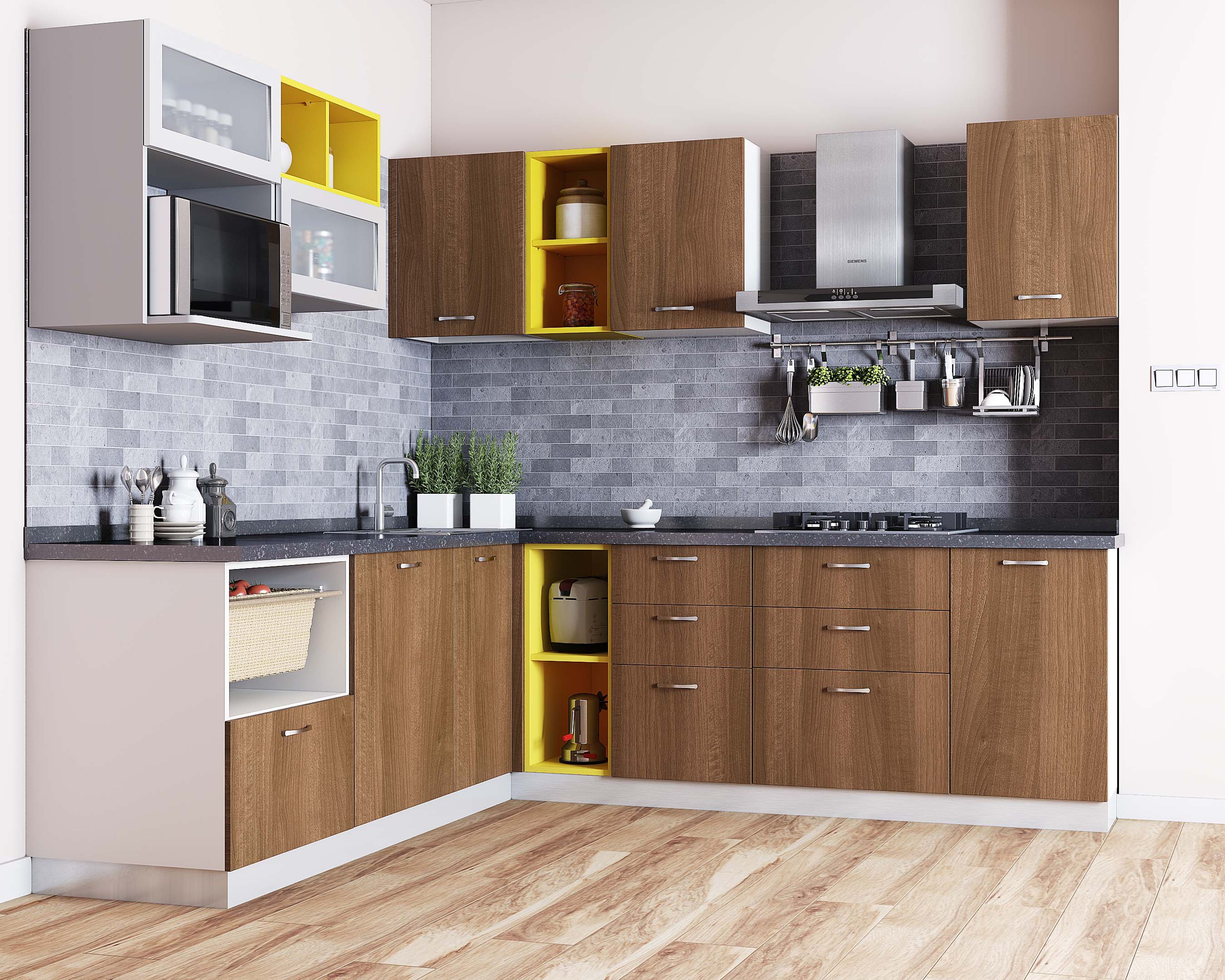 Modern L-Shaped Kitchen Design in Suede Finish