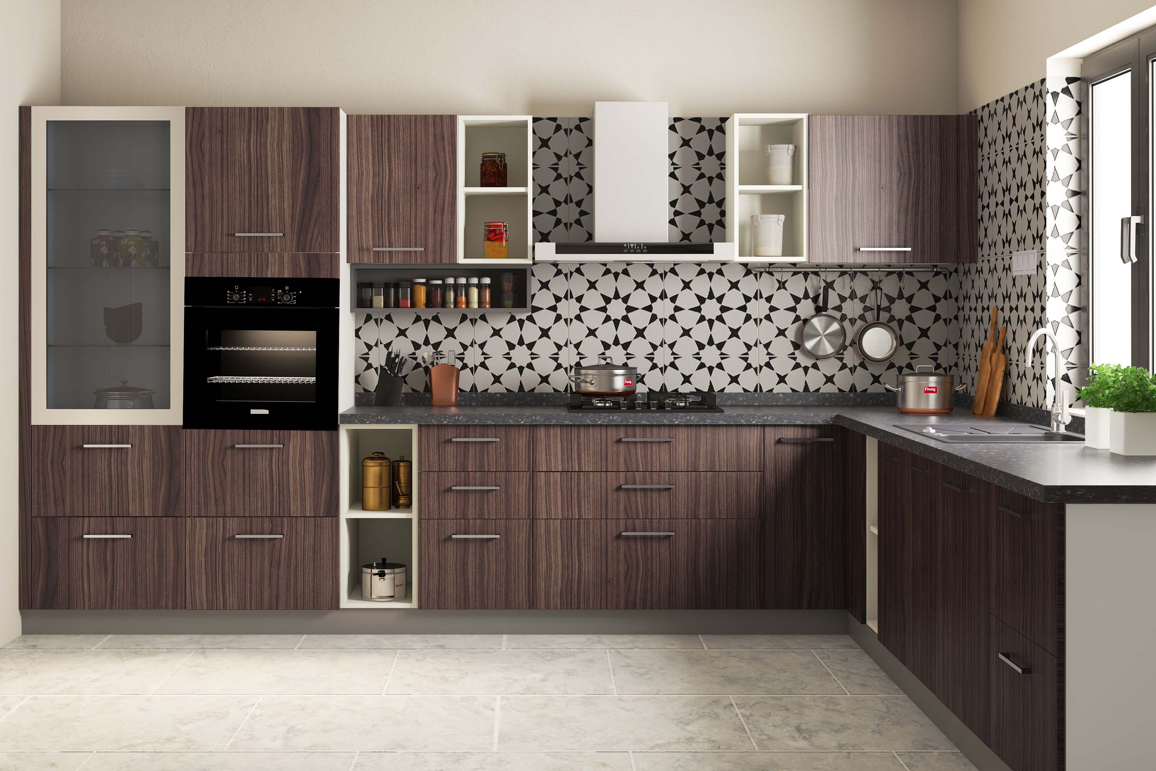 White and Walnut Contemporary L-Shaped Kitchen Design