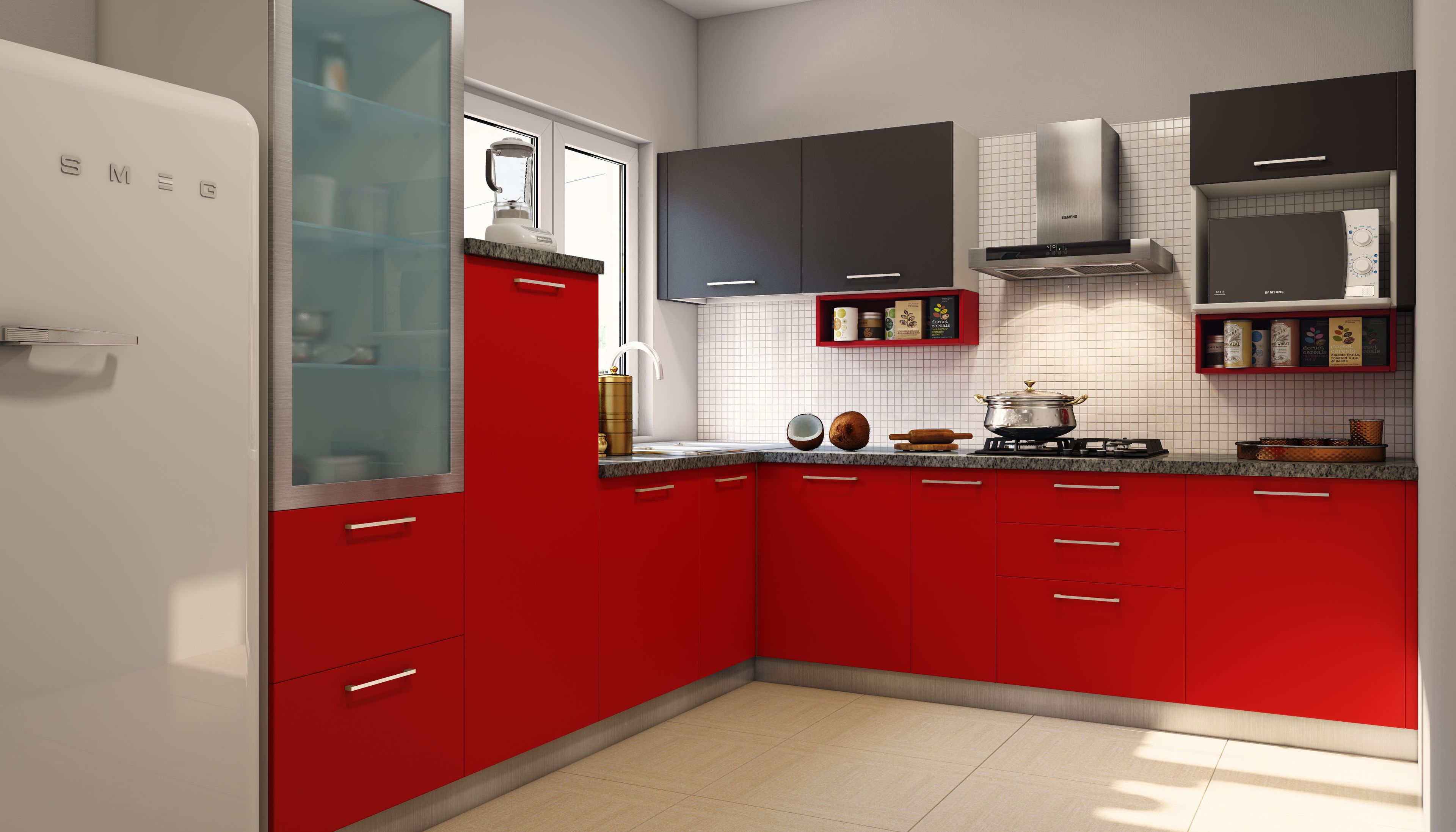 Contemporary L-Shaped Kitchen Design with Granite Countertop
