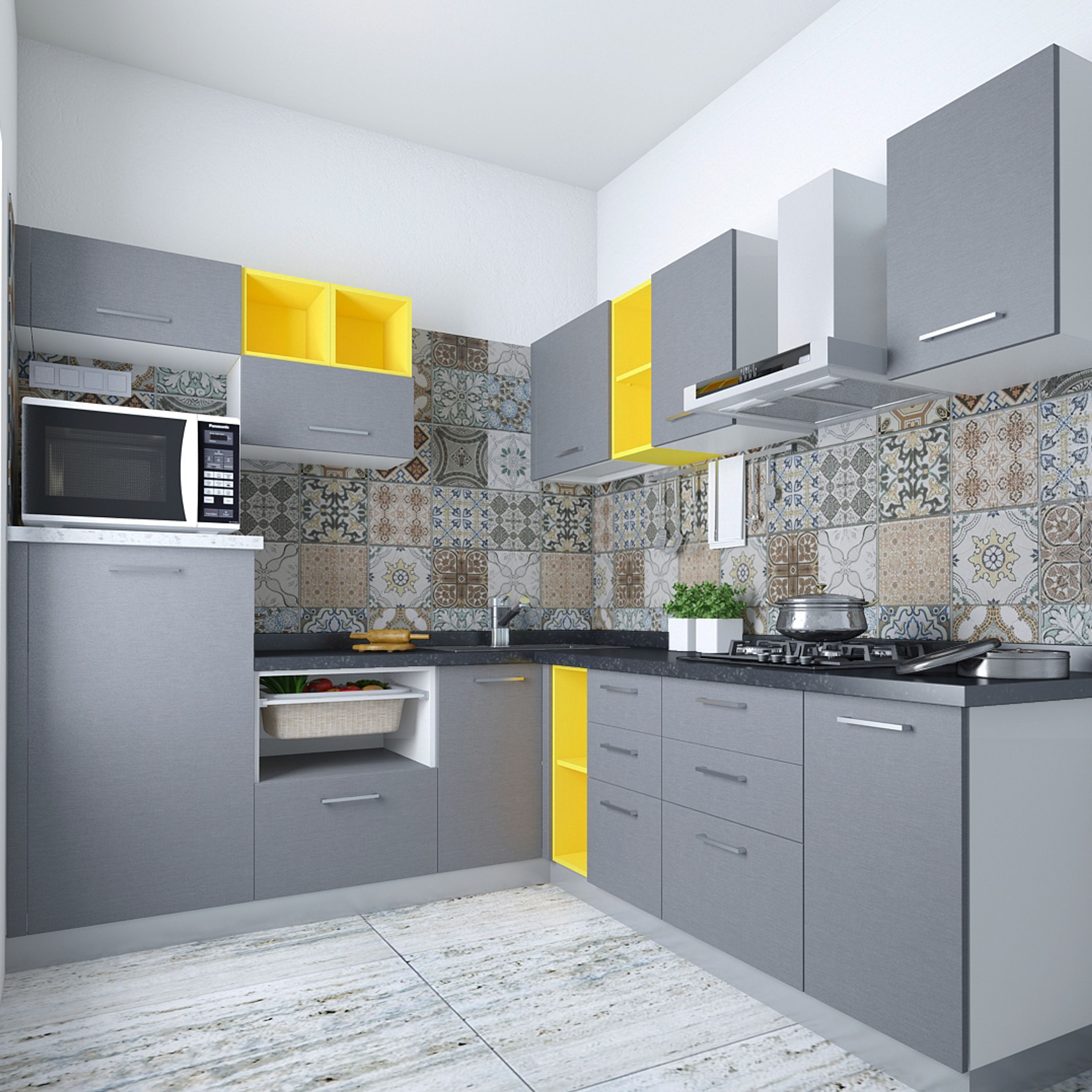 Pearl and Yellow Modern L-Shaped Kitchen Design