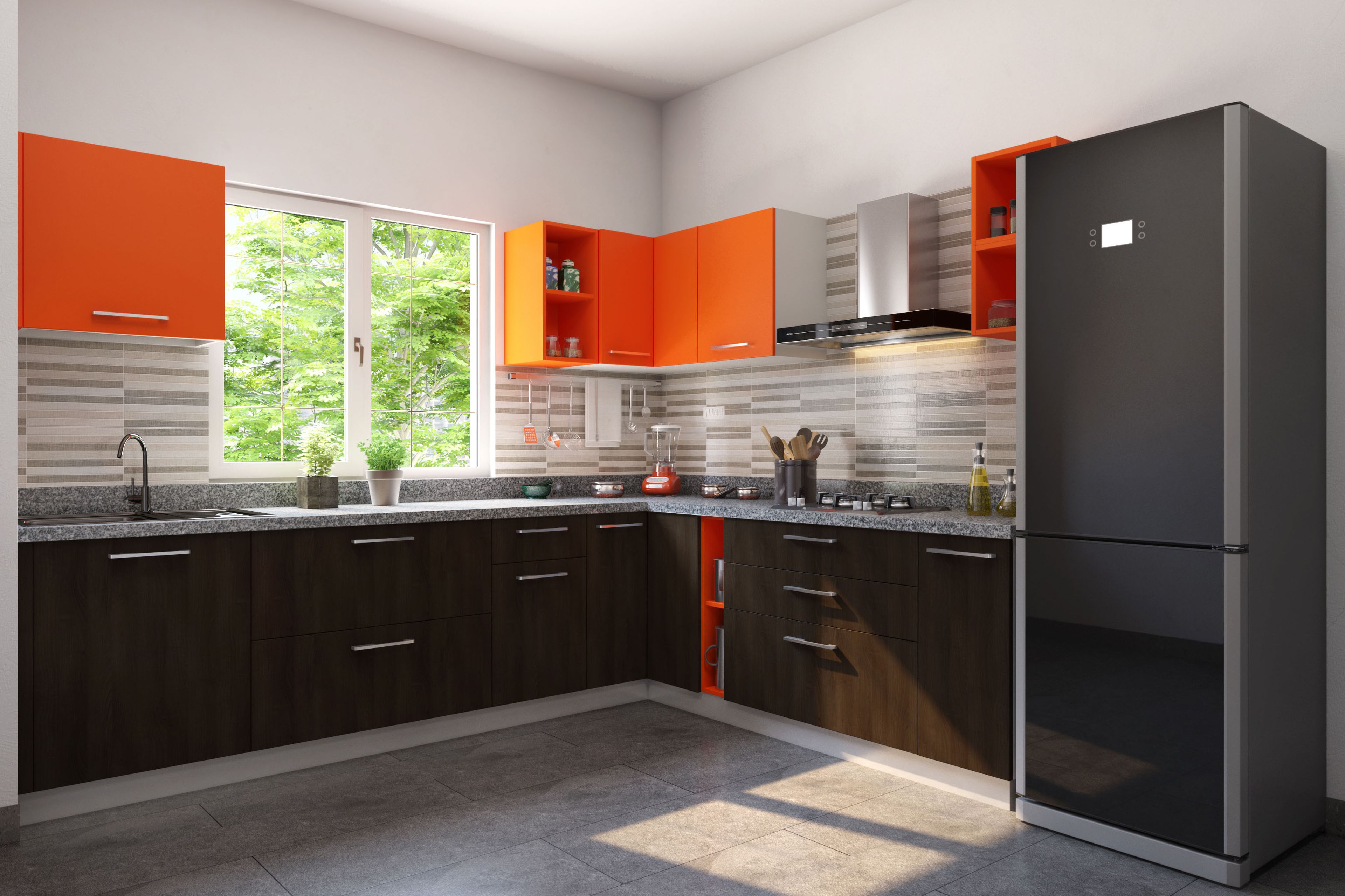 Walnut and Orange Modern L-Shaped Kitchen Design