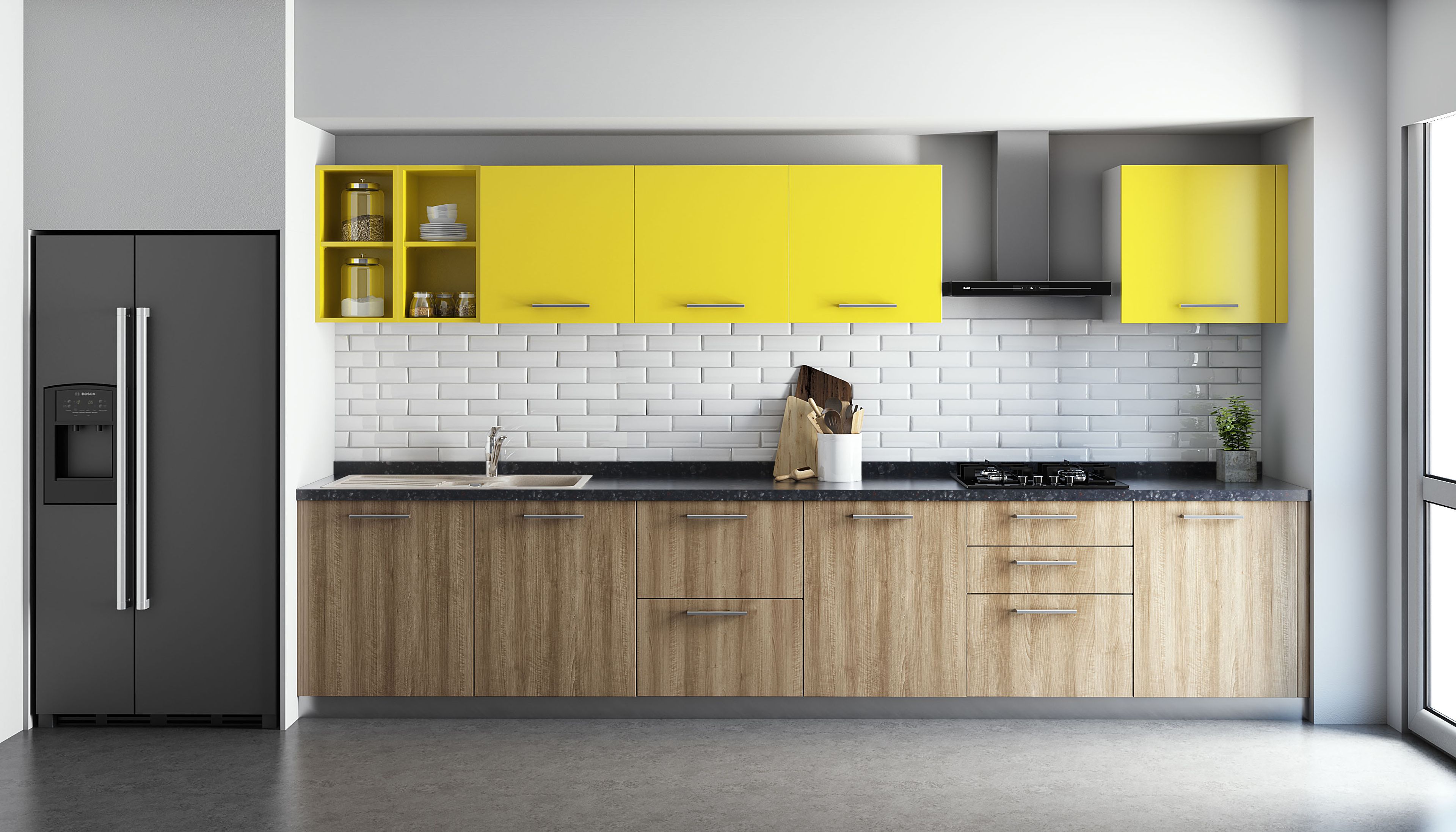 Walnut and Yellow Contemporary Open Kitchen Design