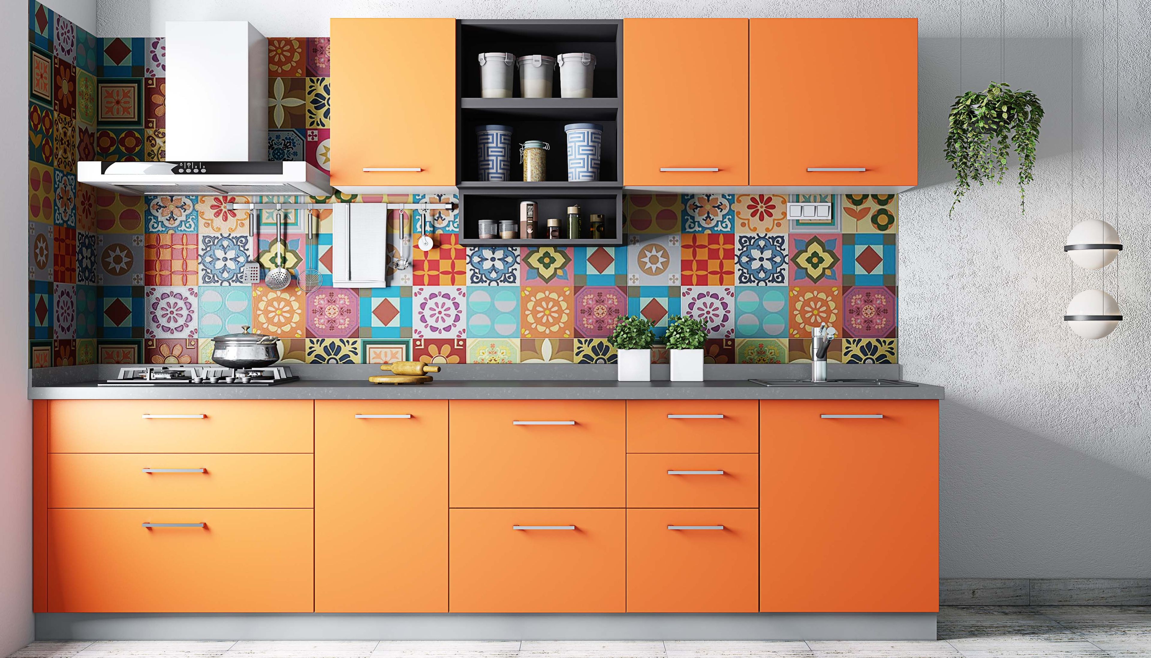 Vibrant Bohemian Kitchen Design with Orange and Slate Colors