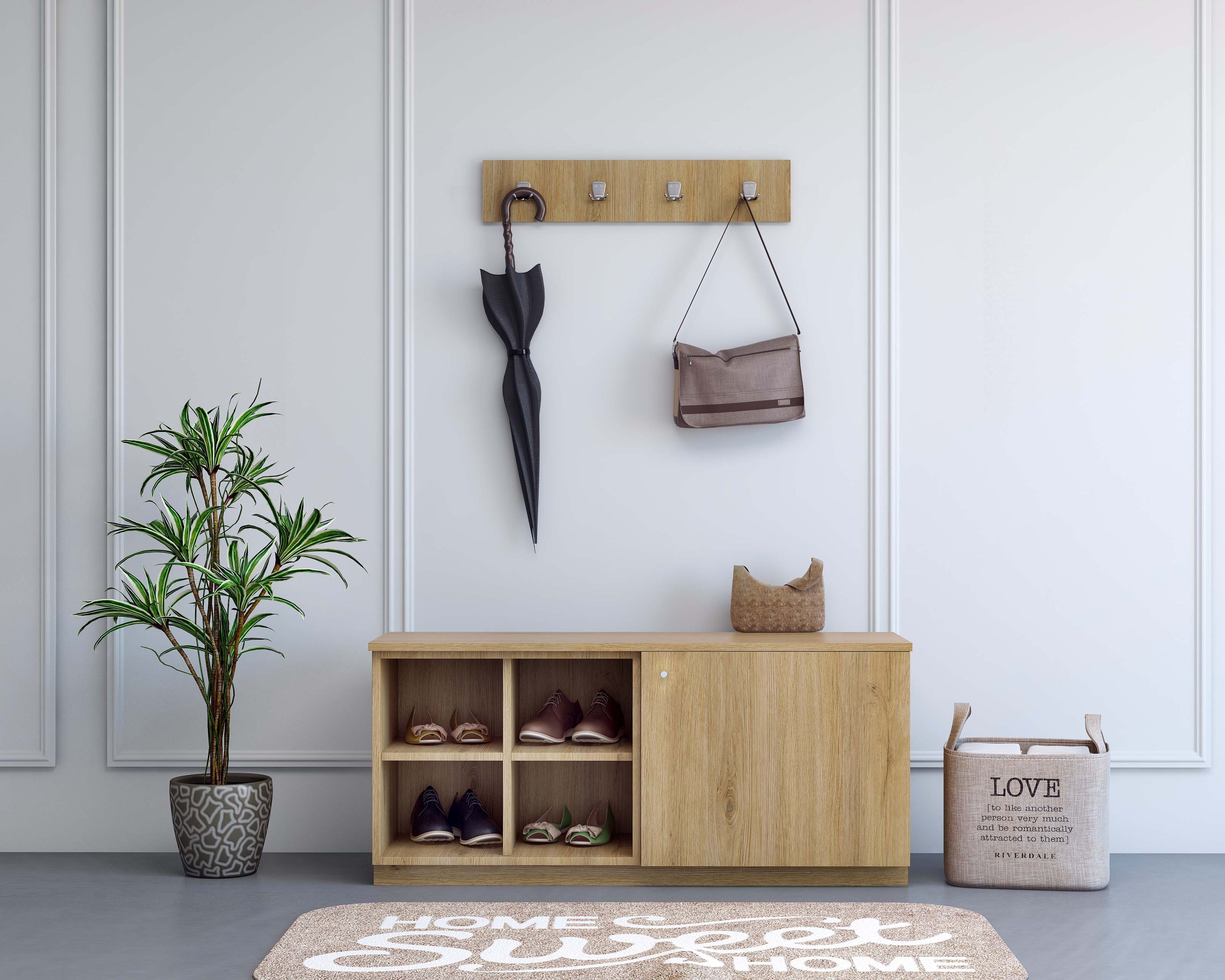 Transitional Foyer Design with Modern Look and Floor Mounted Storage