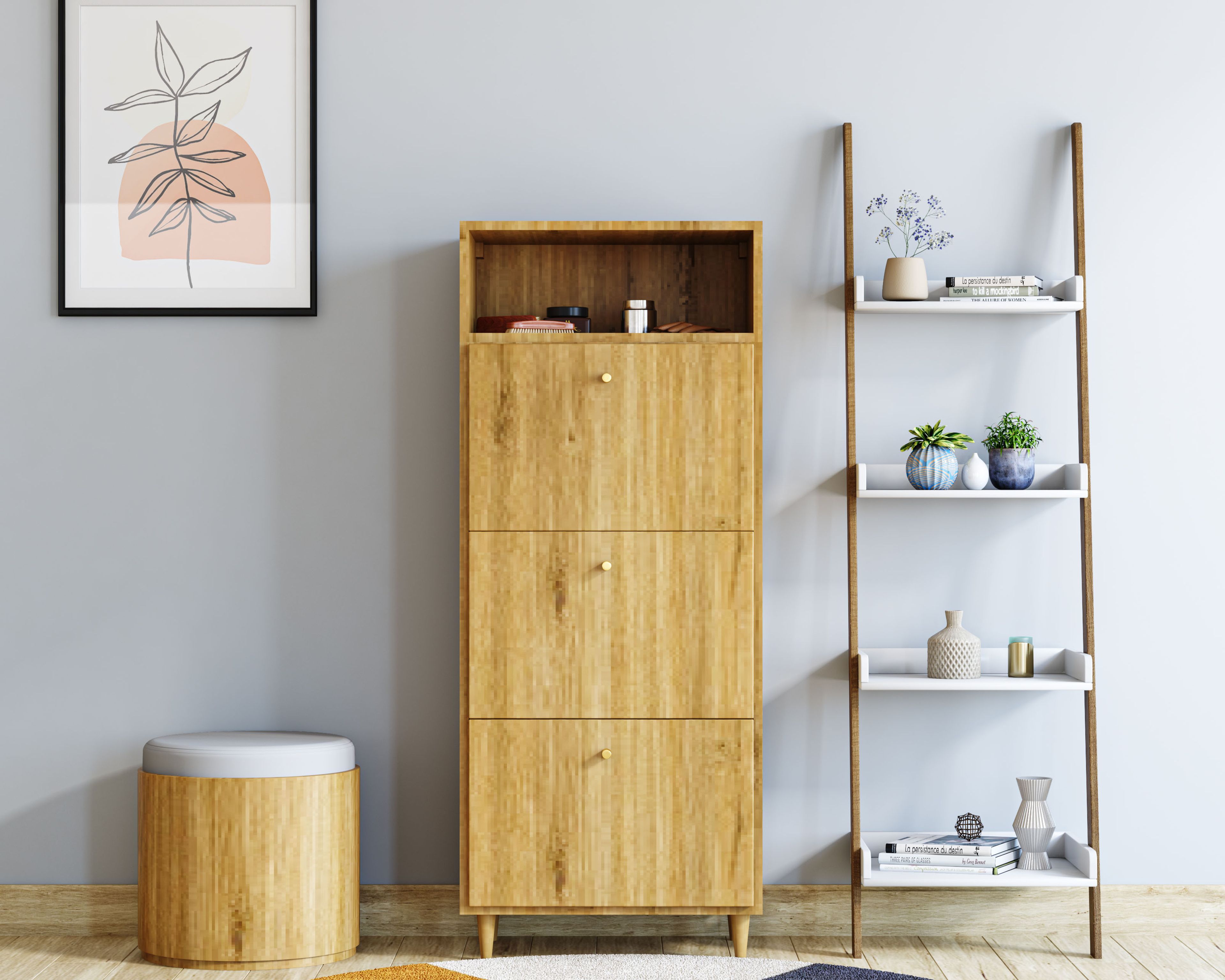 Bright Modern Foyer Design with Floor Mounted Closed Storage
