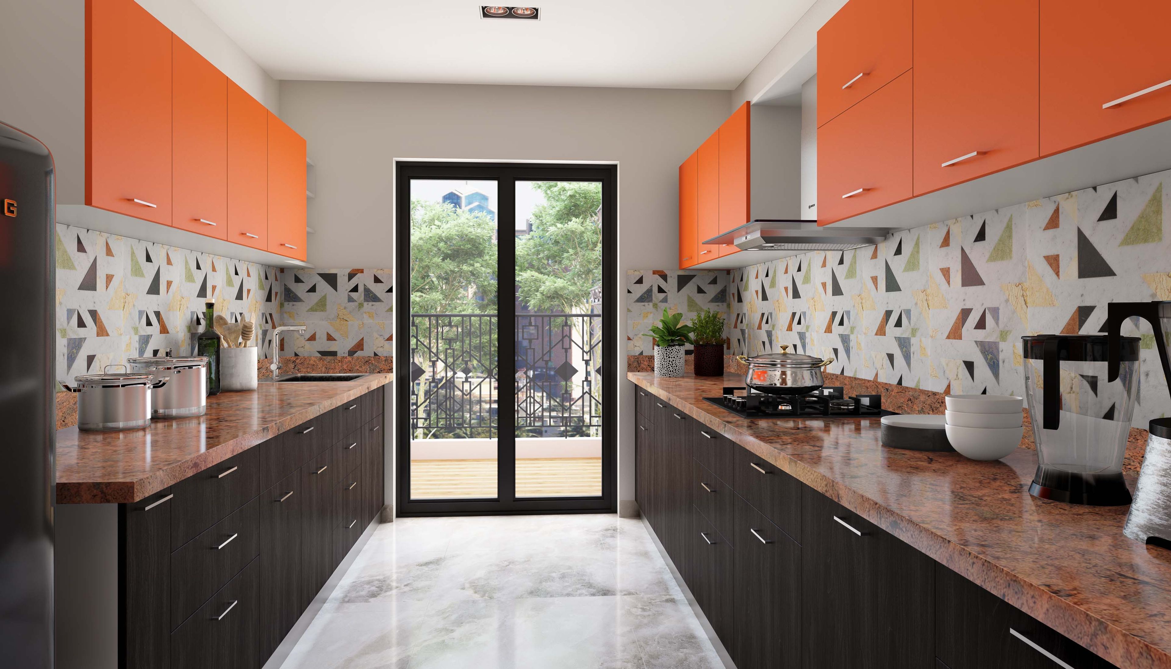 Walnut and Orange Contemporary Parallel Kitchen Design