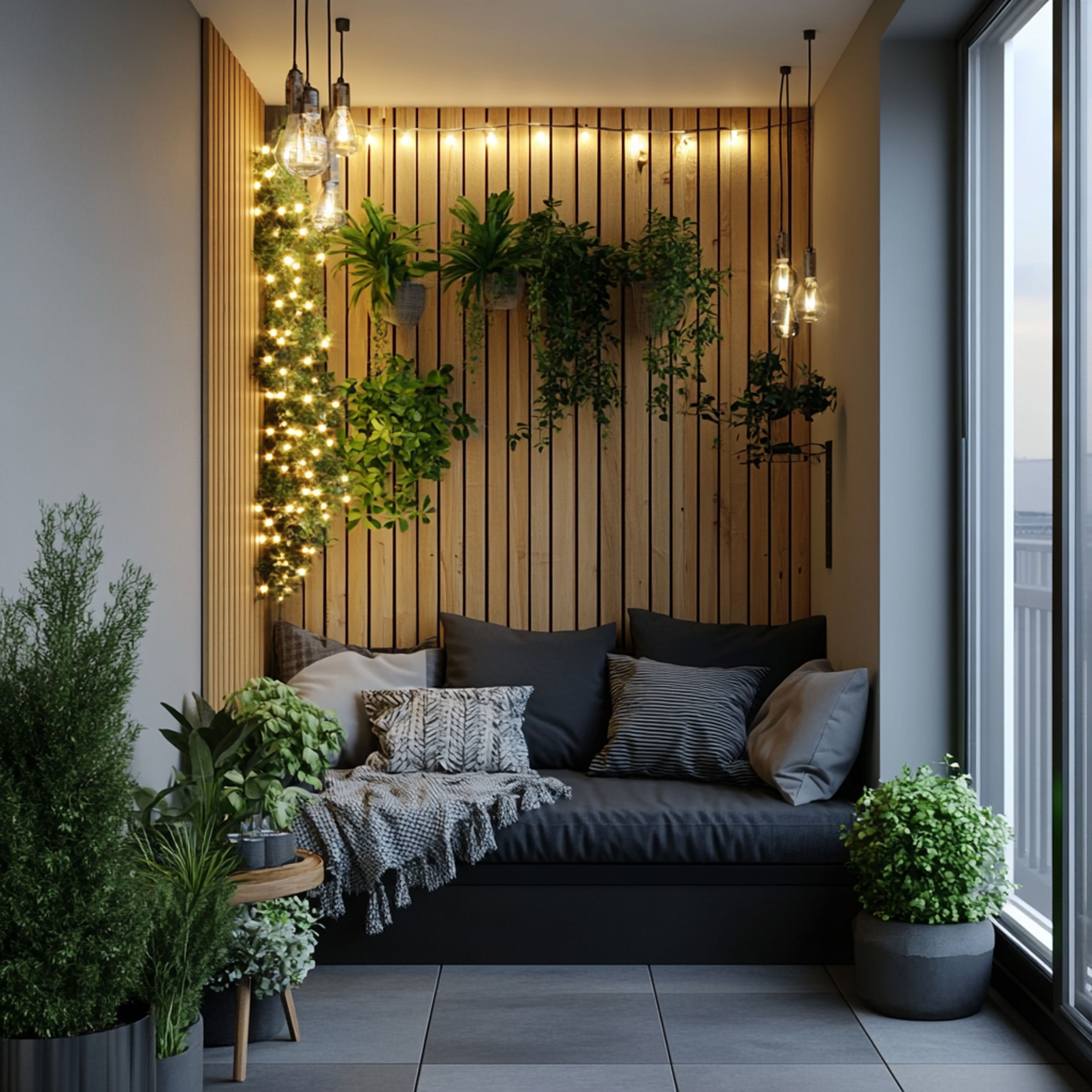 Scandinavian Balcony Design with Vertical Garden and Wooden Wall Panel