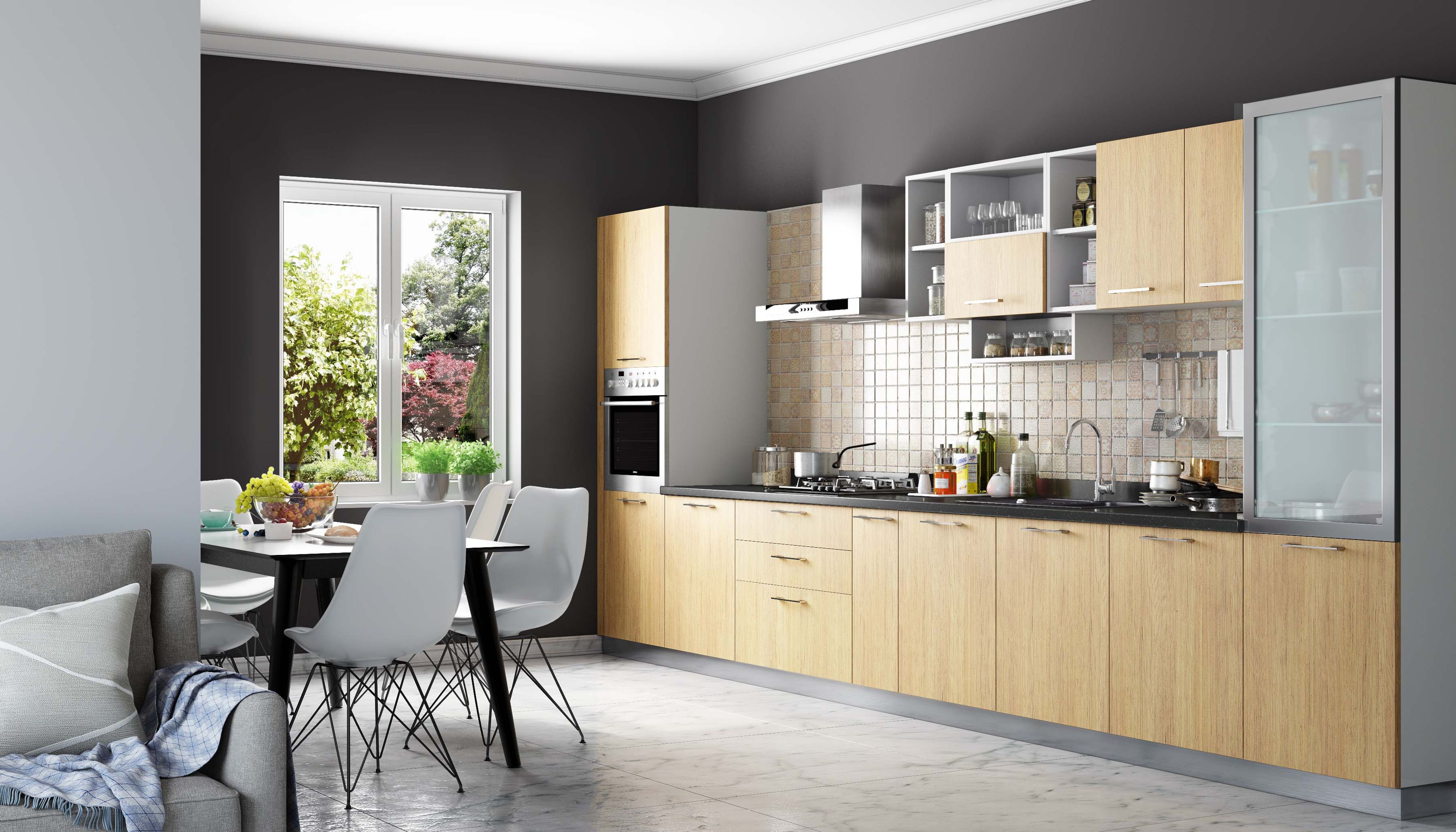 Contemporary Open Kitchen Design with Tall Unit