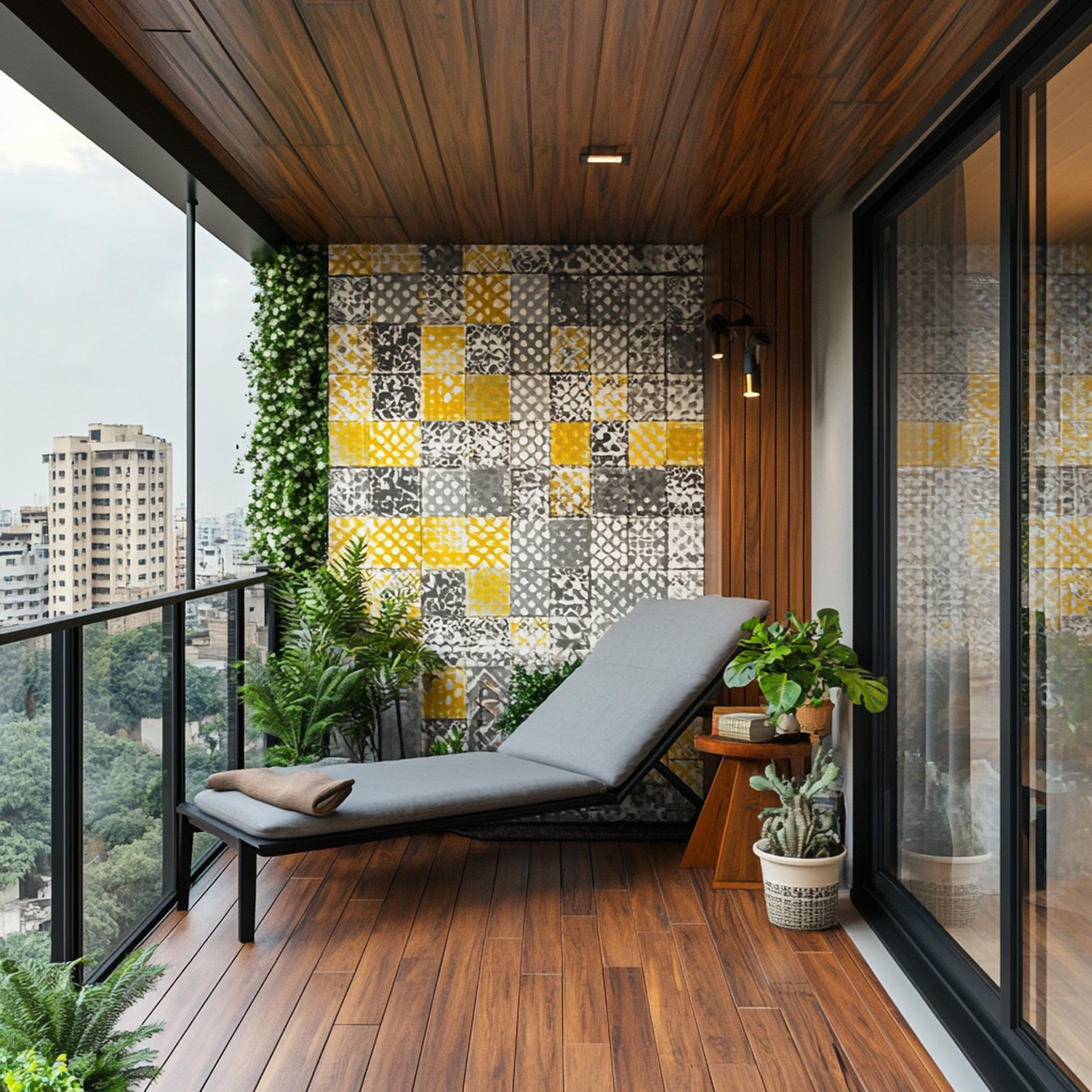 Modern Balcony Design with Tiled Accent Wall and Lounge