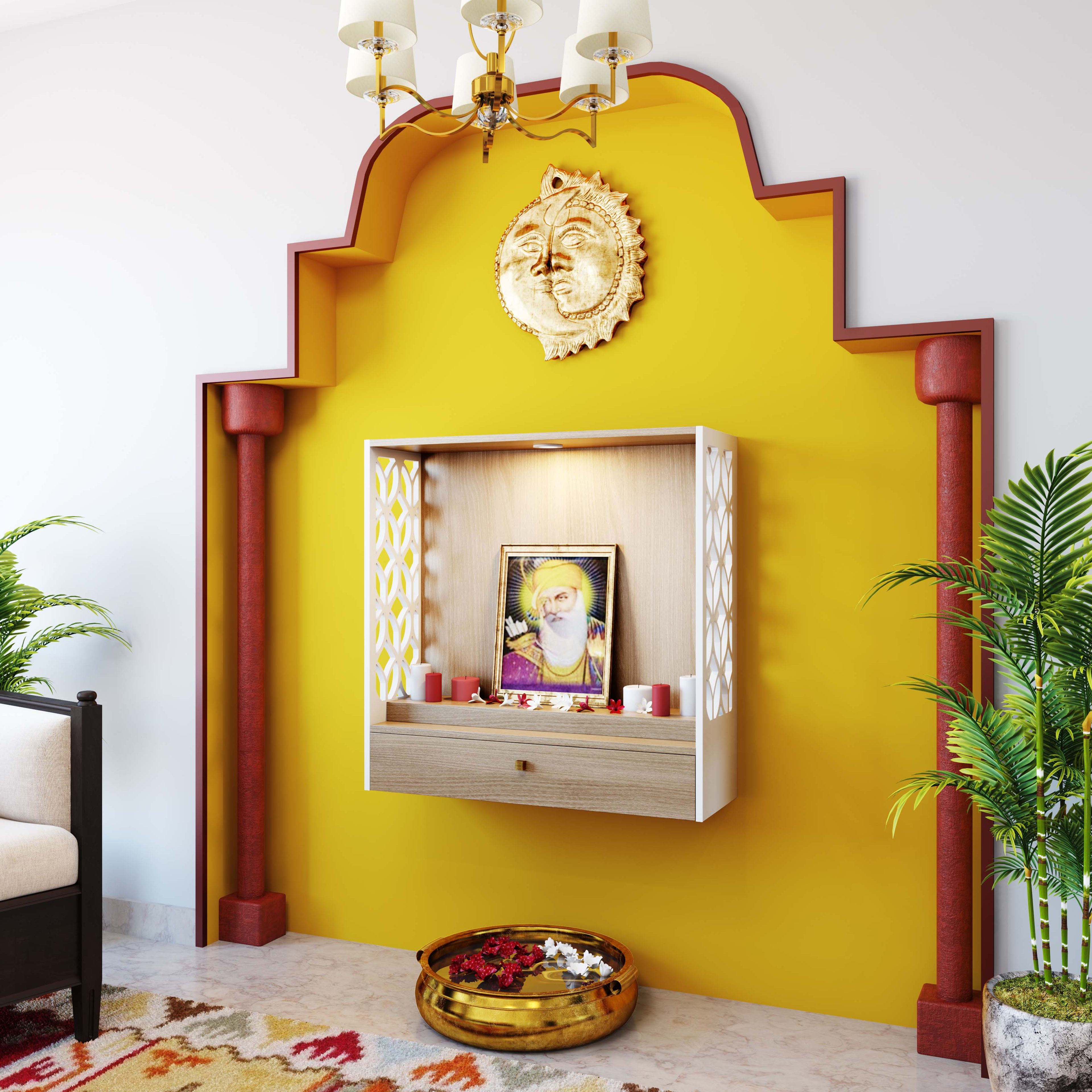 Illuminated Indian Traditional Wall Mounted Pooja Unit Design