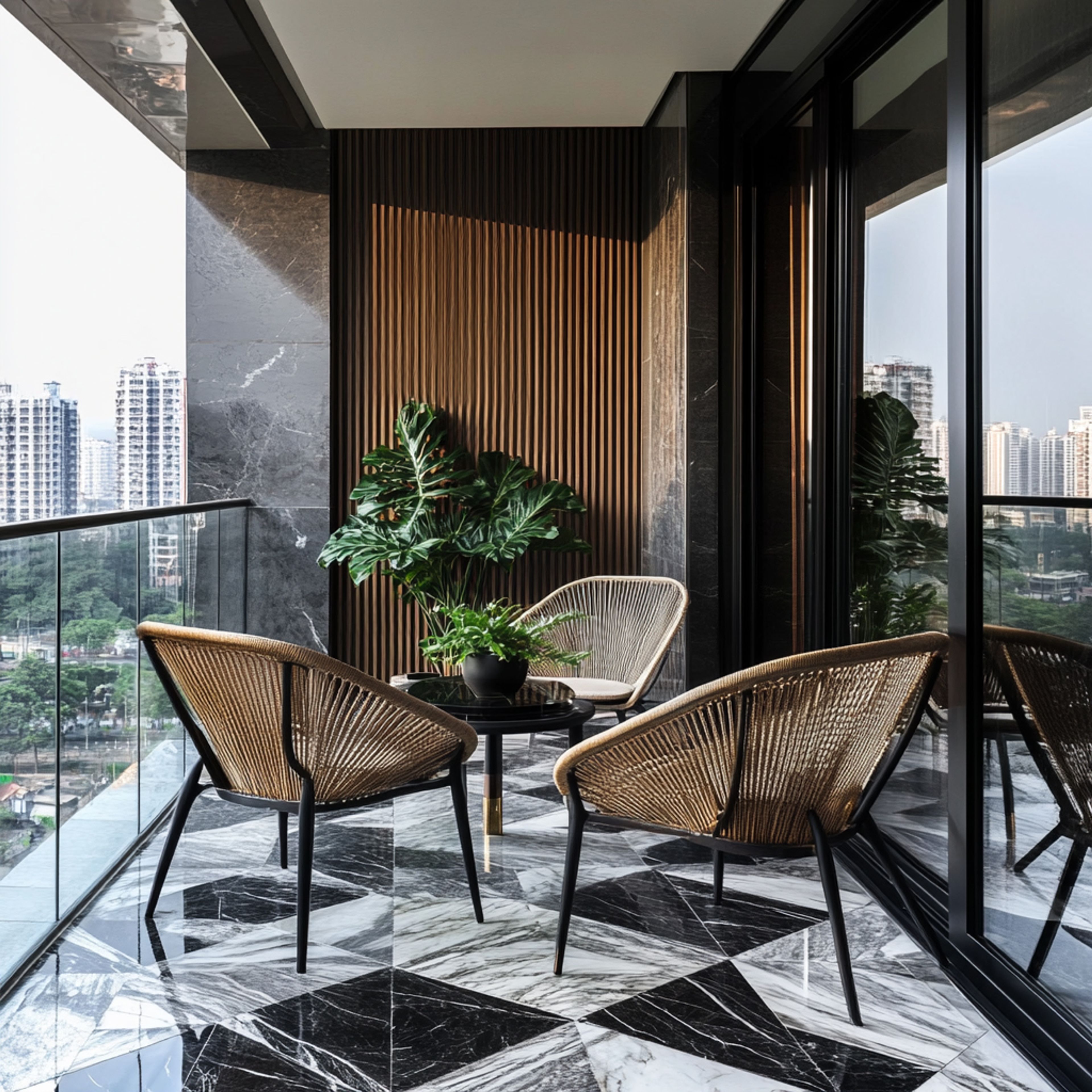 Modern Balcony Design with Wicker Chairs and Marble Tile Flooring