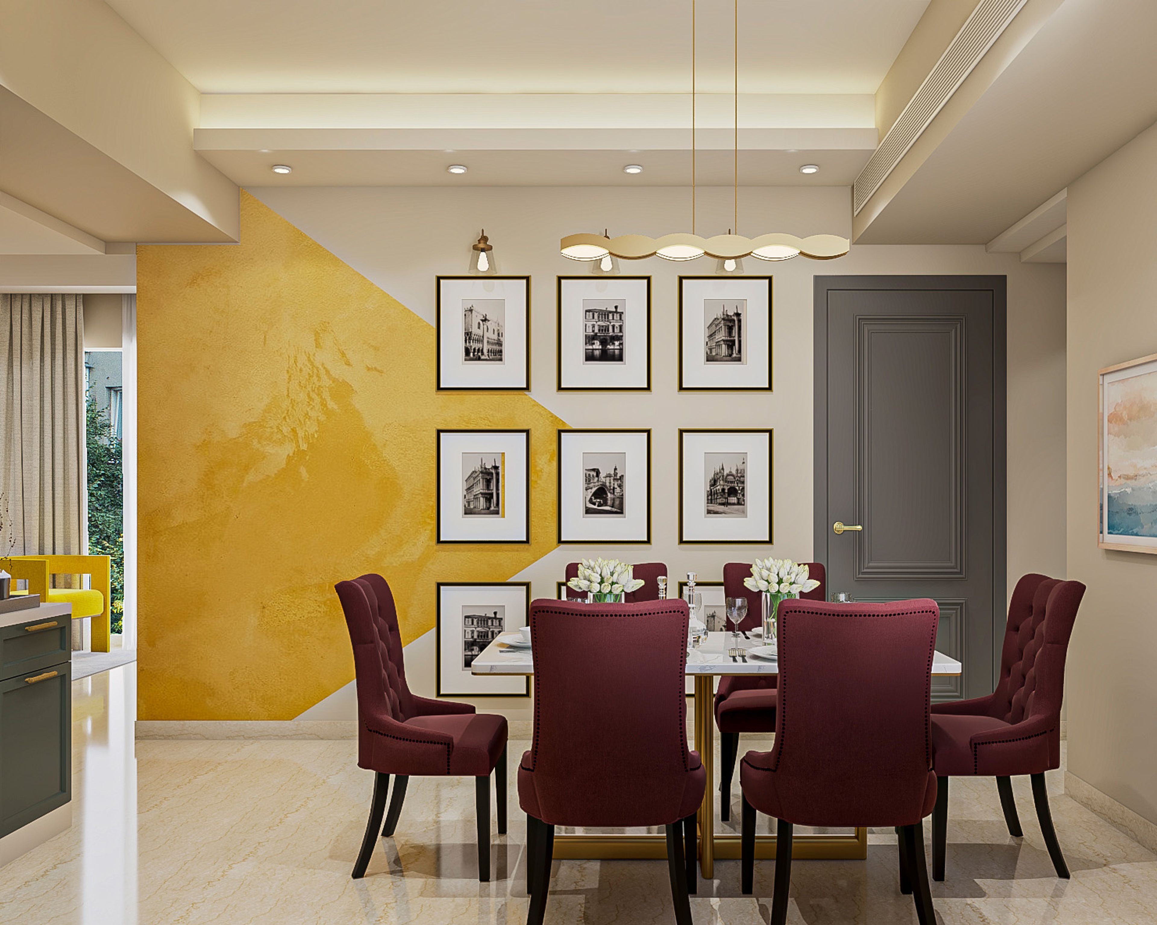 Contemporary Dining Room Design with Marble and Gold Accents
