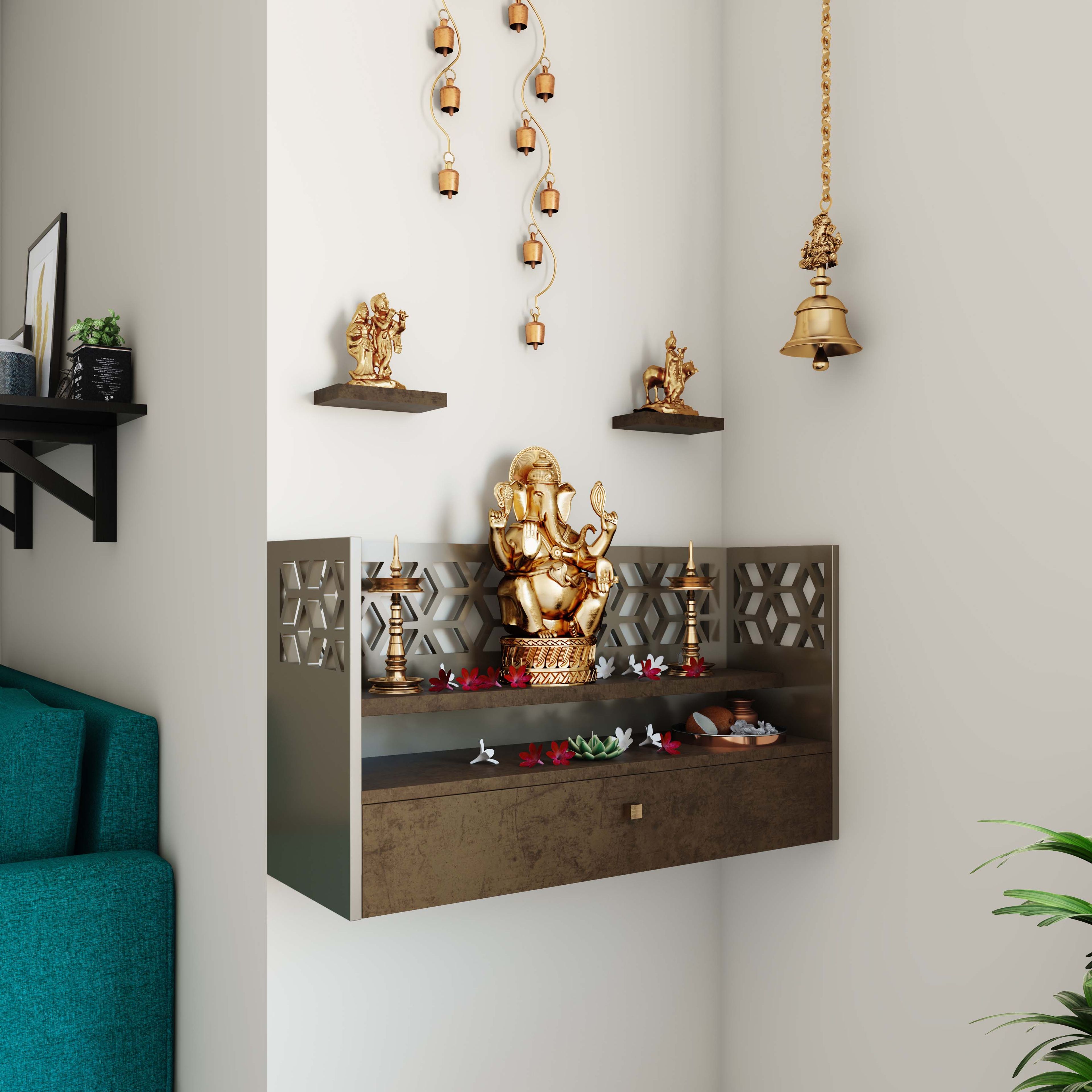 Golden Campino Mid Century Modern Pooja Unit Design