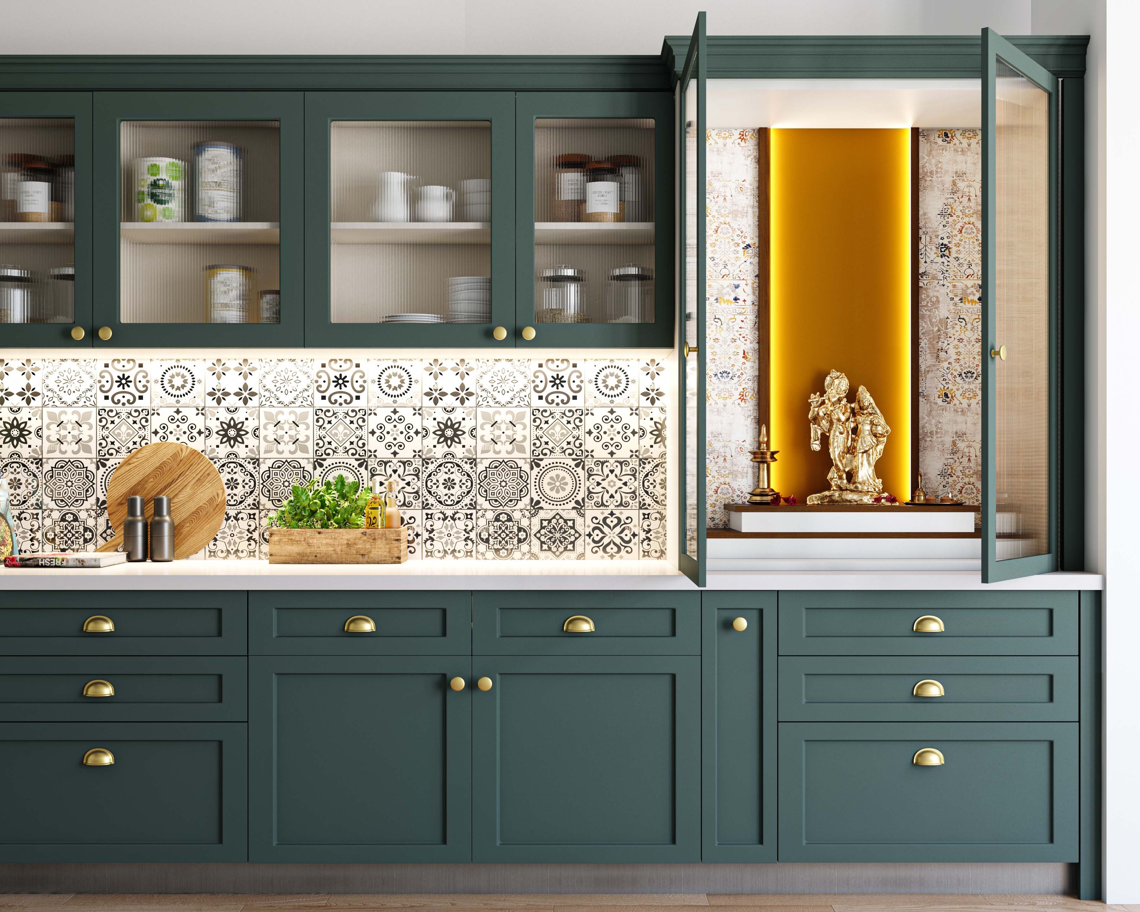 Frosty White and Walnut Bronze Modern Pooja Unit Design