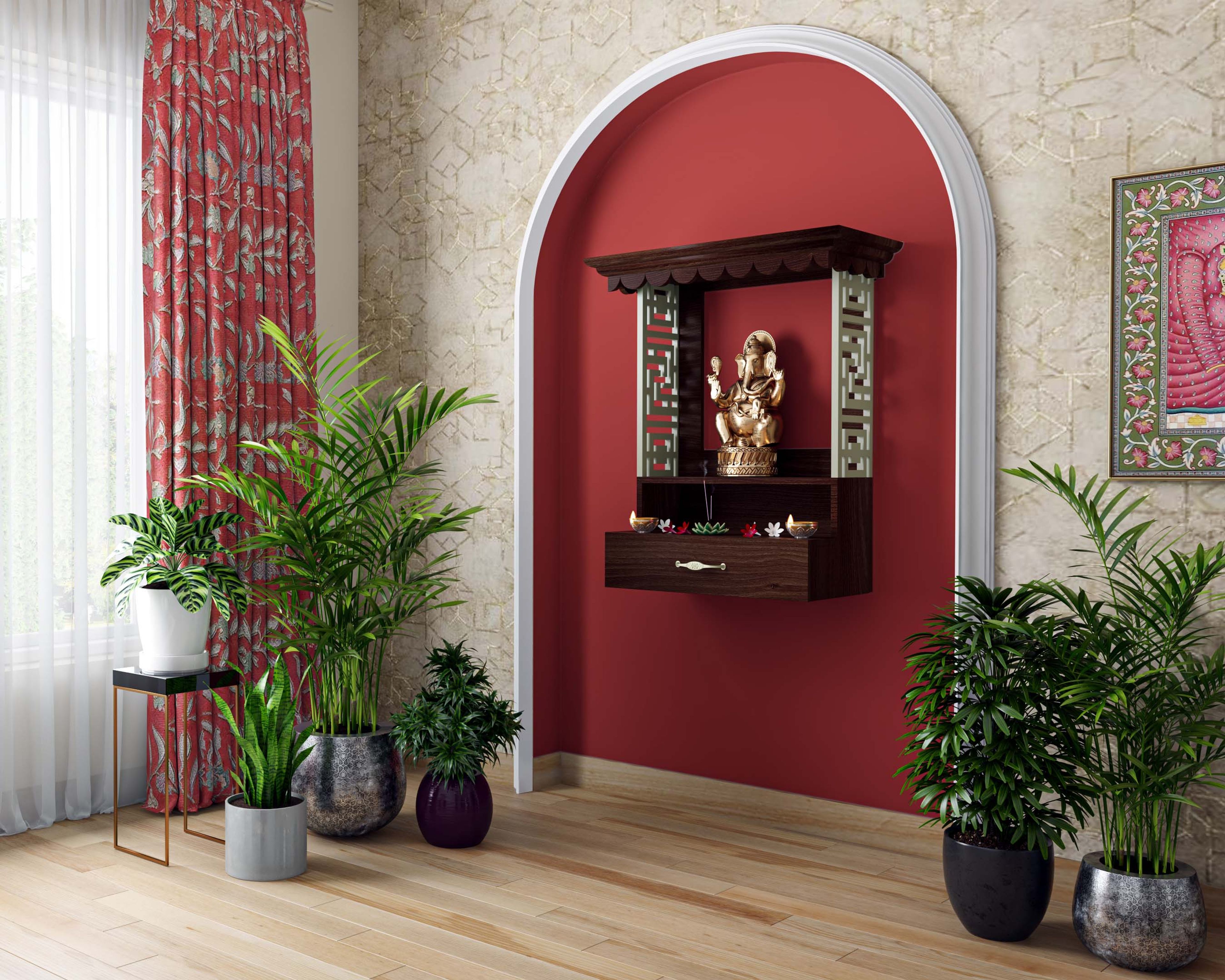 Brazilian Walnut Indian Traditional Pooja Unit Design