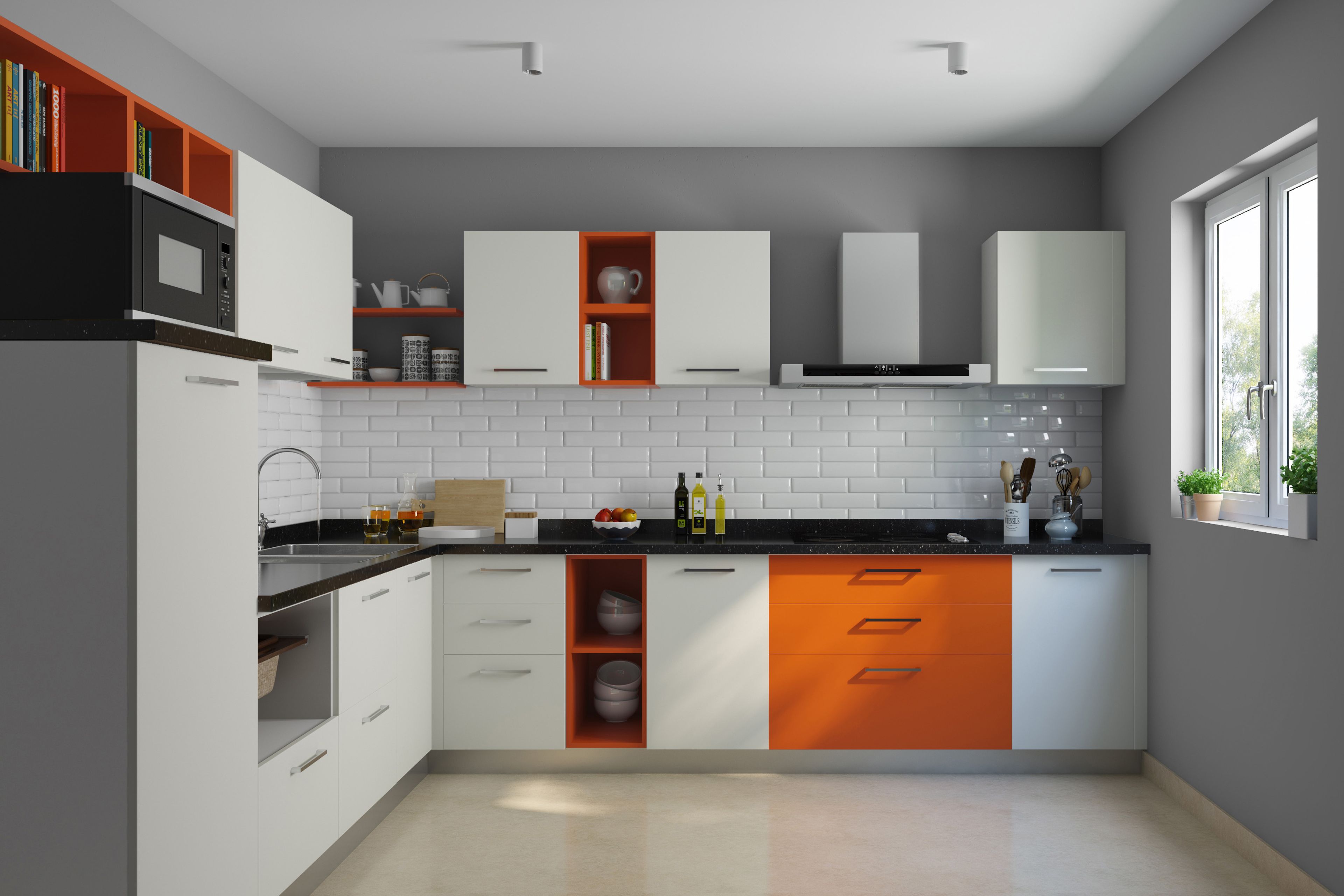 Contemporary L-Shaped Kitchen Design in White and Orange