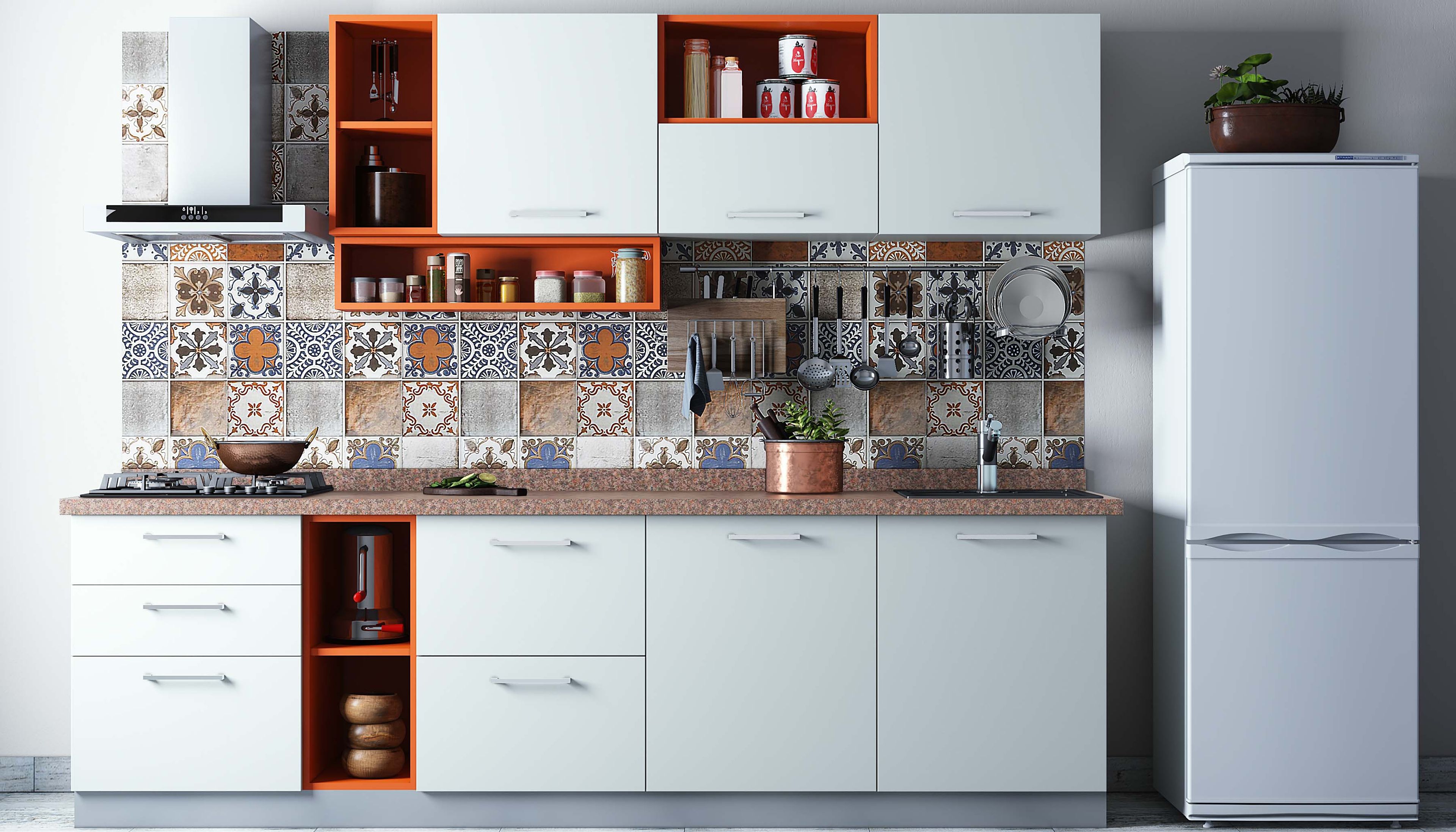 Modern Open Kitchen Design in White and Orange