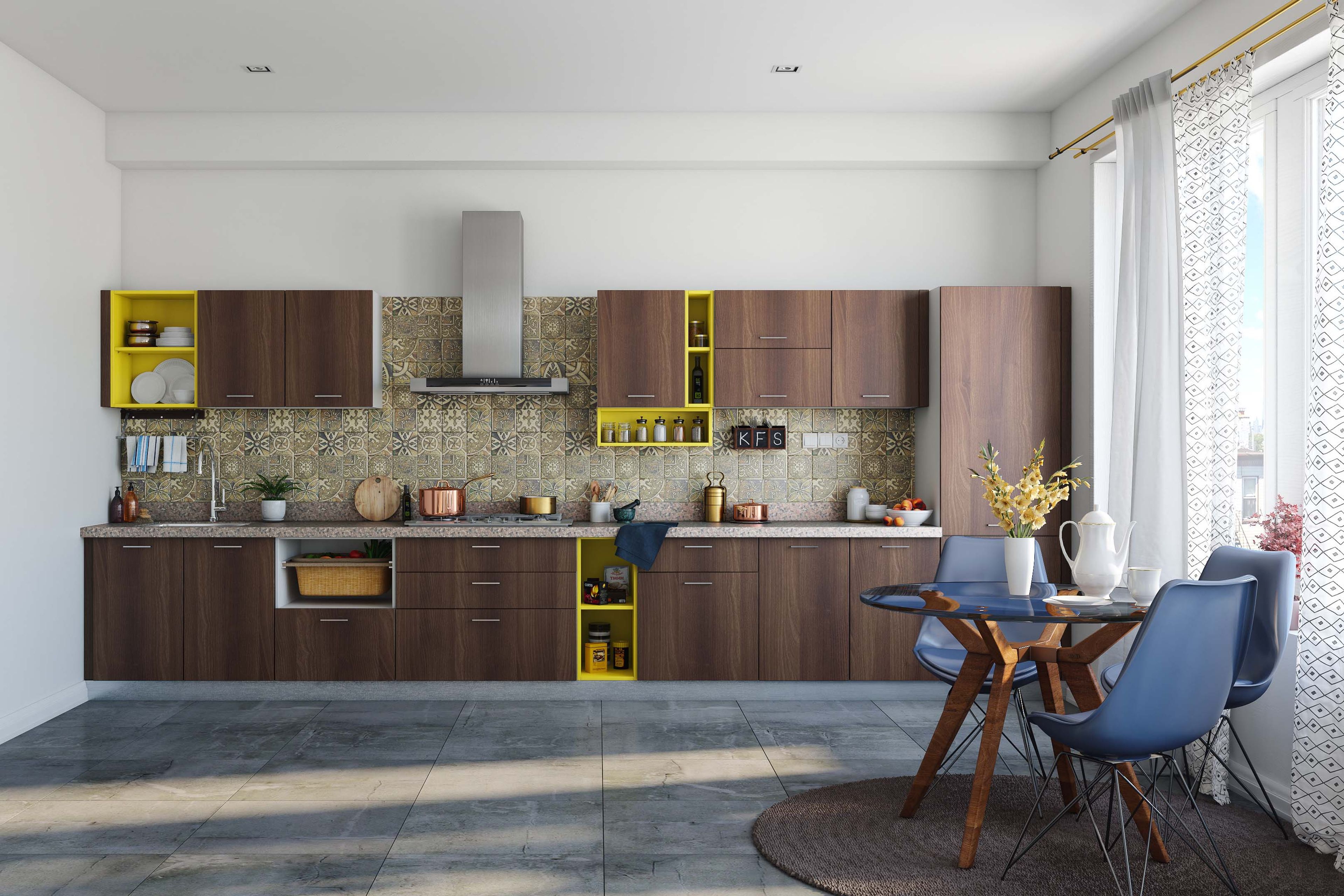 Walnut and Yellow Contemporary Open Kitchen Design