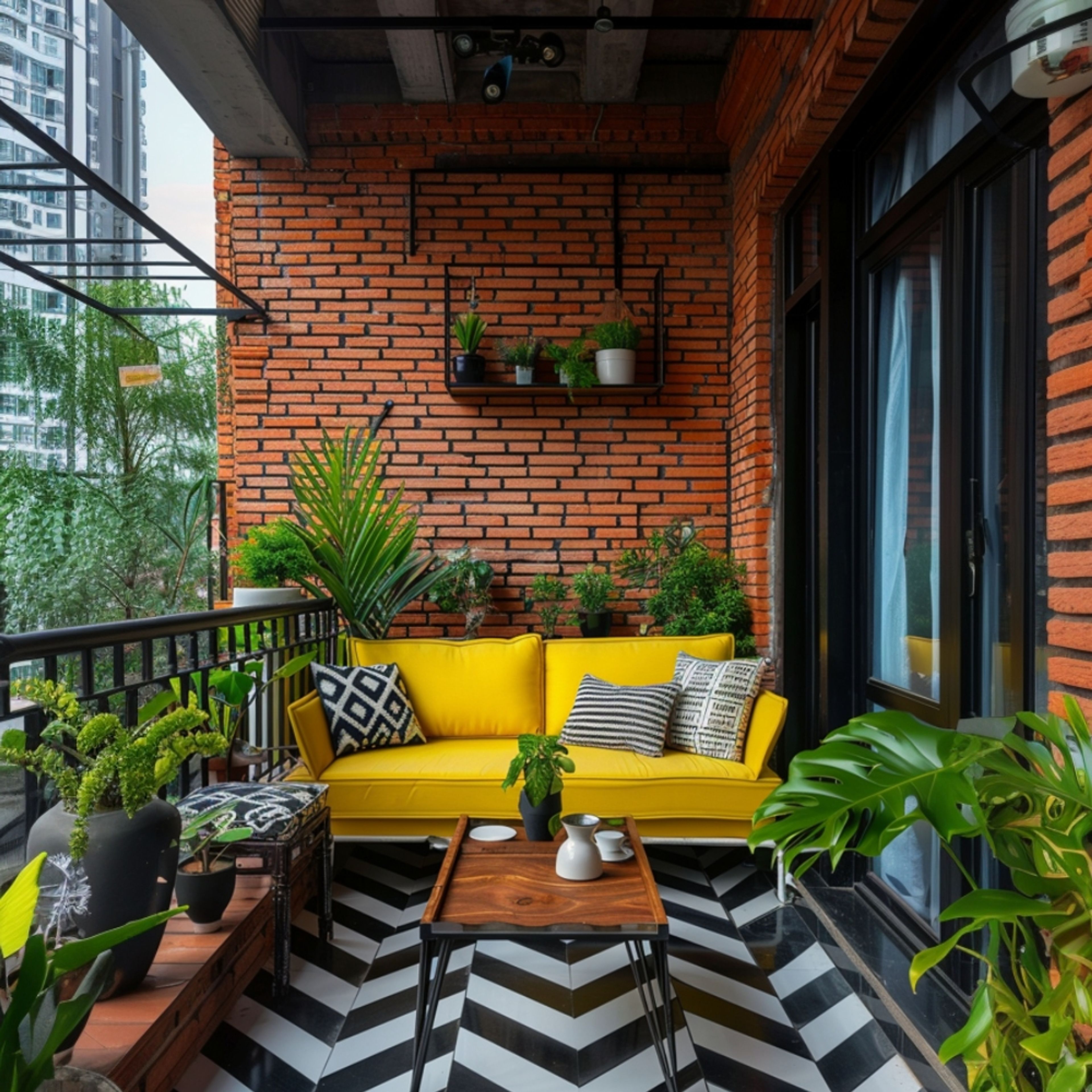 Vibrant Tropical Balcony Design with Brick Wall and Yellow Sofa