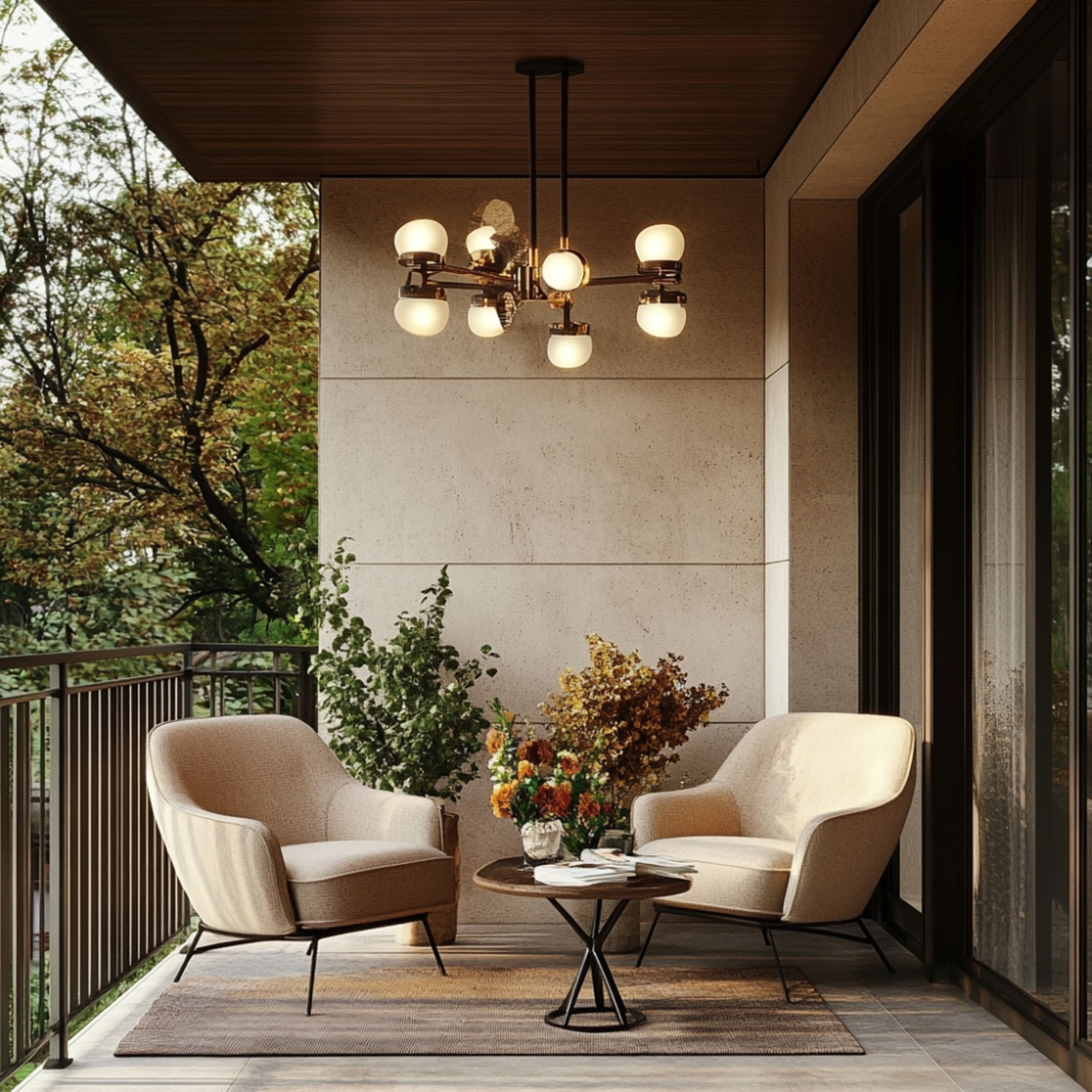 Contemporary Balcony Design Design with Chandelier and Accent Chairs
