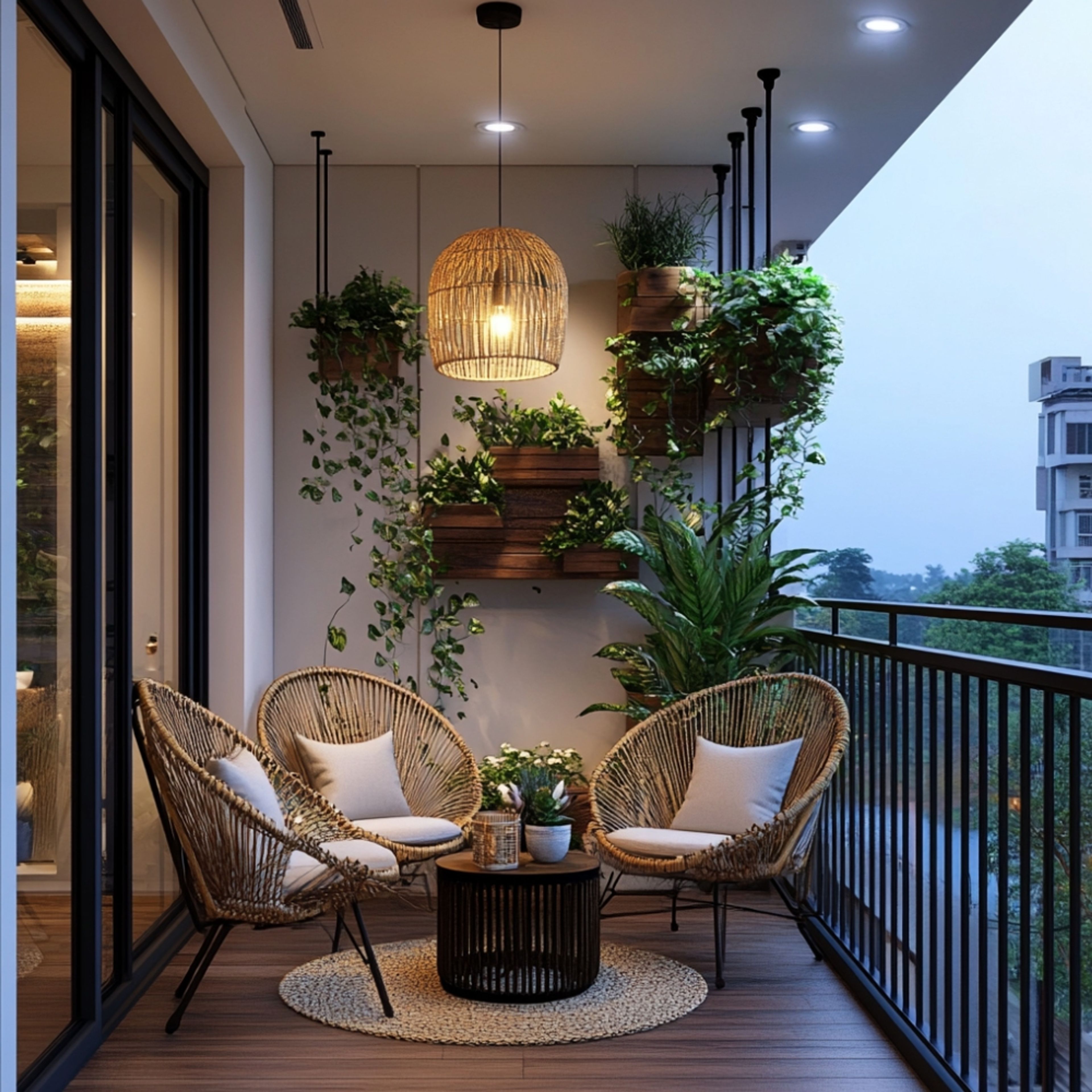 Tropical Balcony Design with Wall Planters and Cane and Jute Chairs