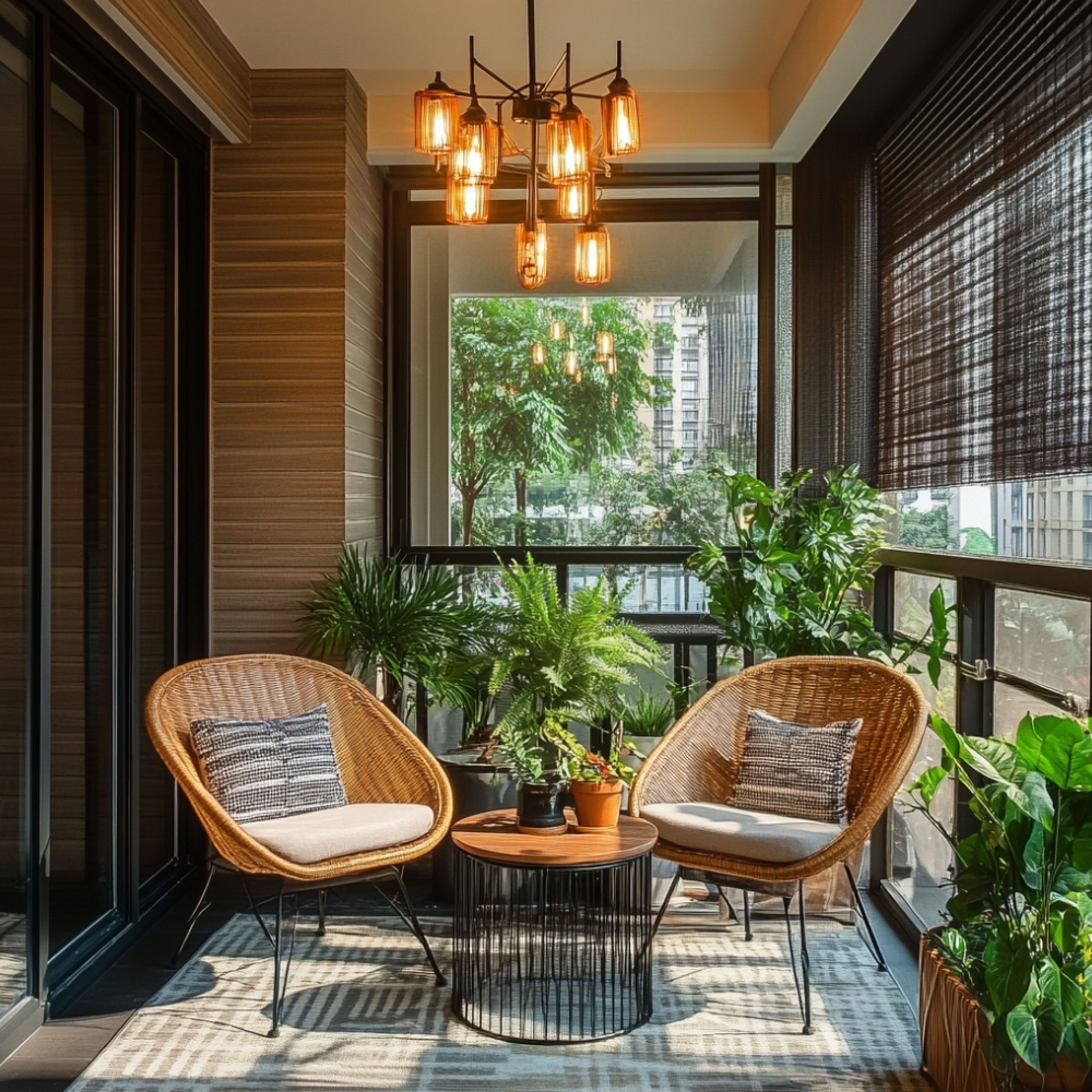 Tropical Balcony Design with Cozy Cane Chairs and Plants