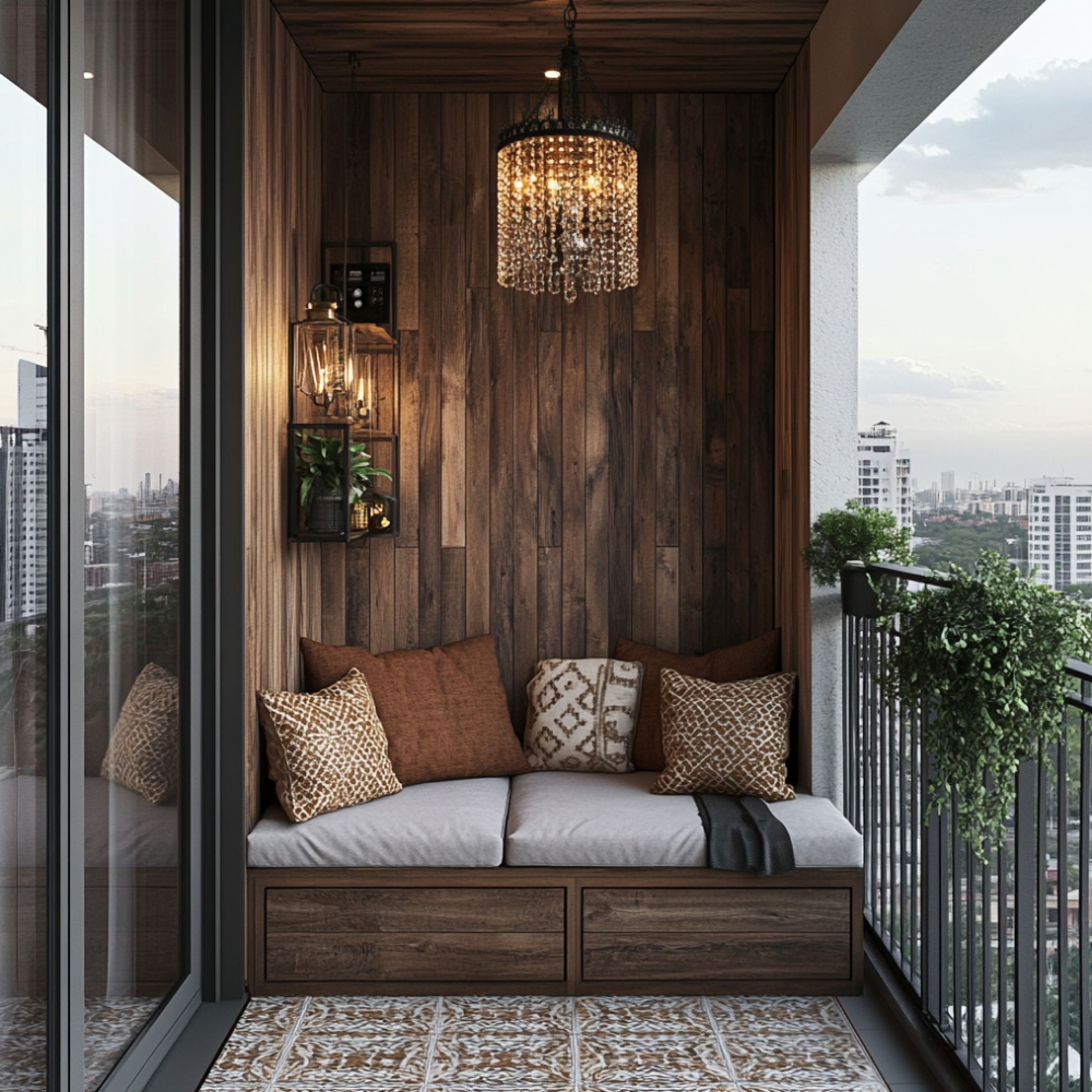 Industrial-Style Balcony Design with Wooden Panels