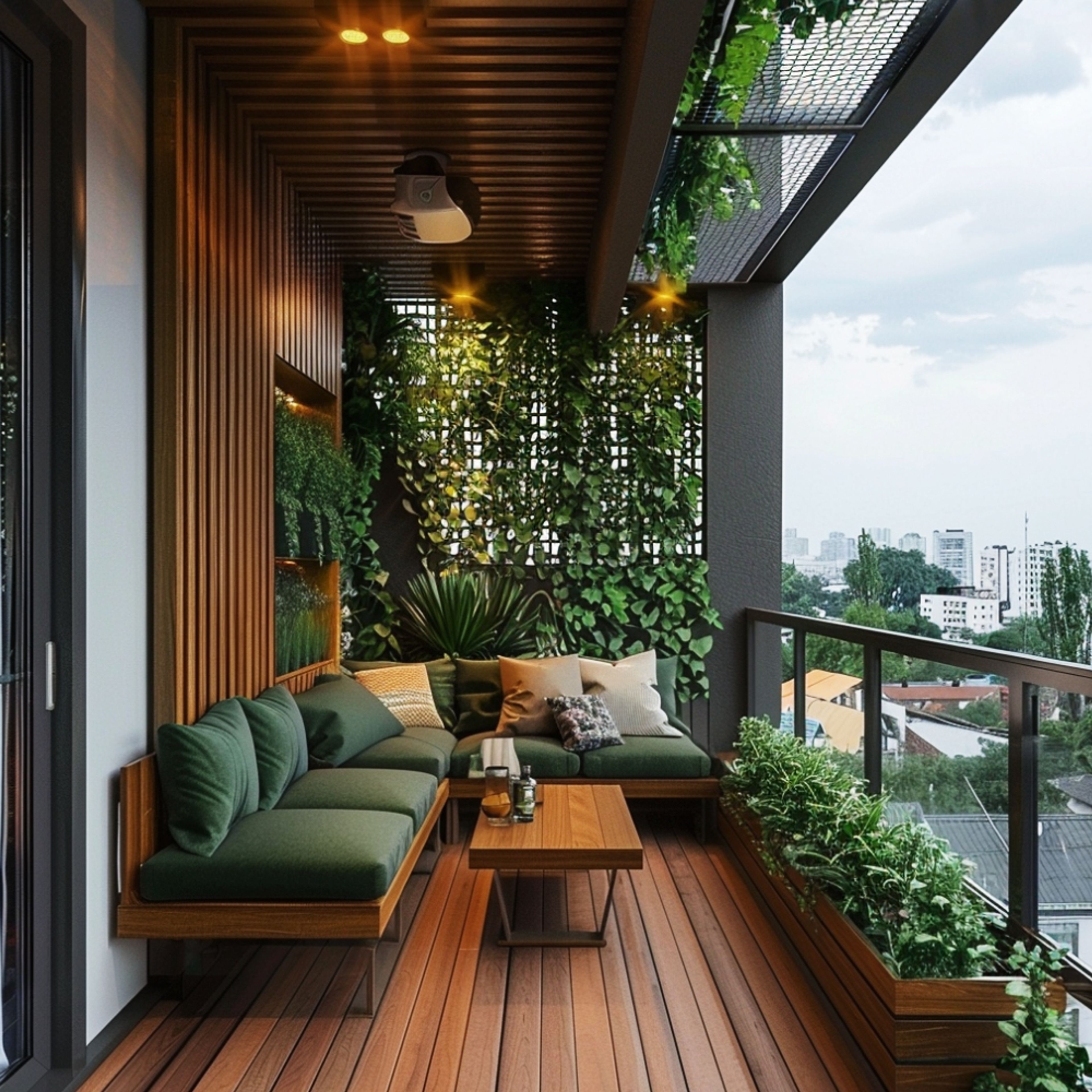 Tropical Single Layered False Ceiling Design with Wooden Finish and Spot Lights | Livspace