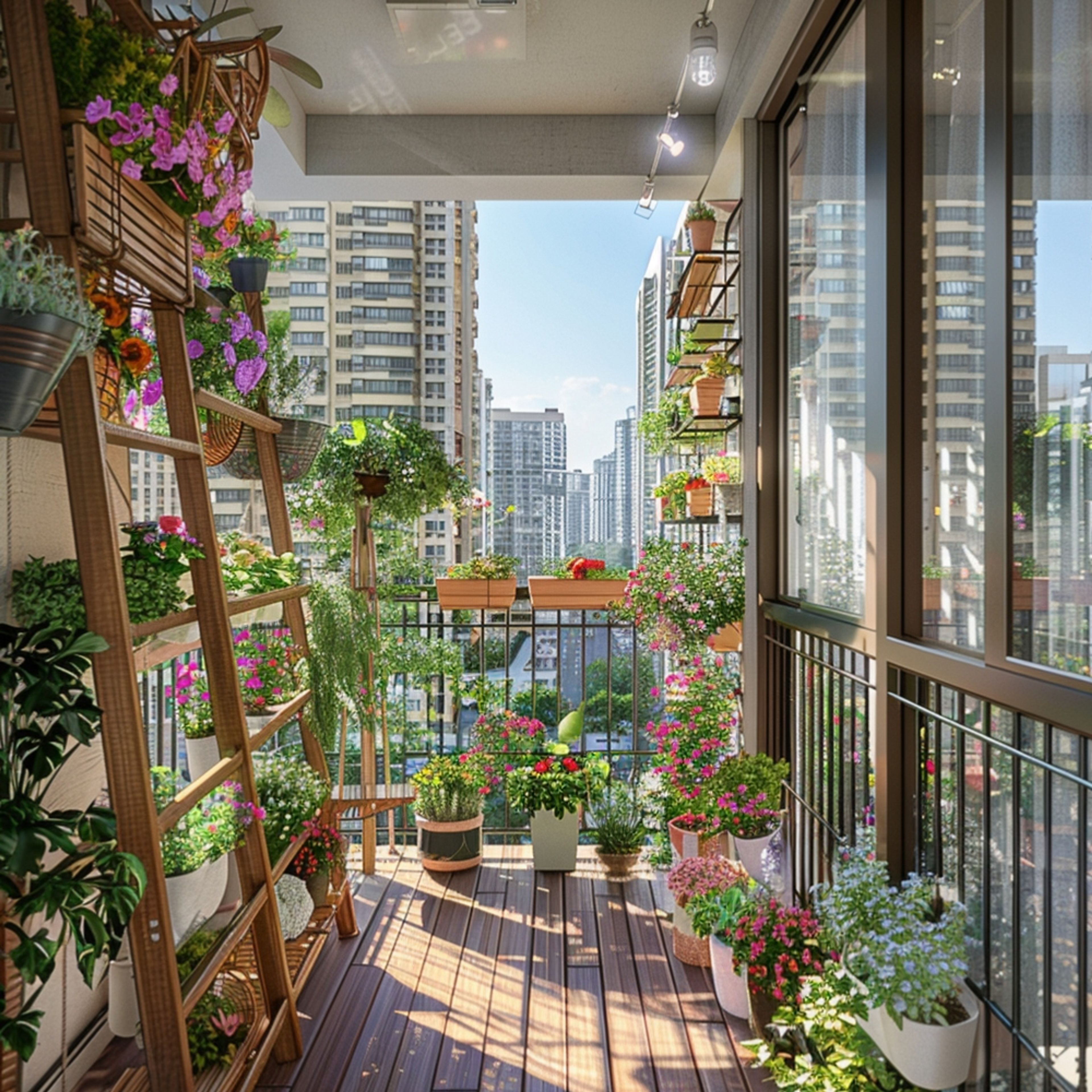 Tropical Balcony Design with Wooden Shelves and Flower Garden