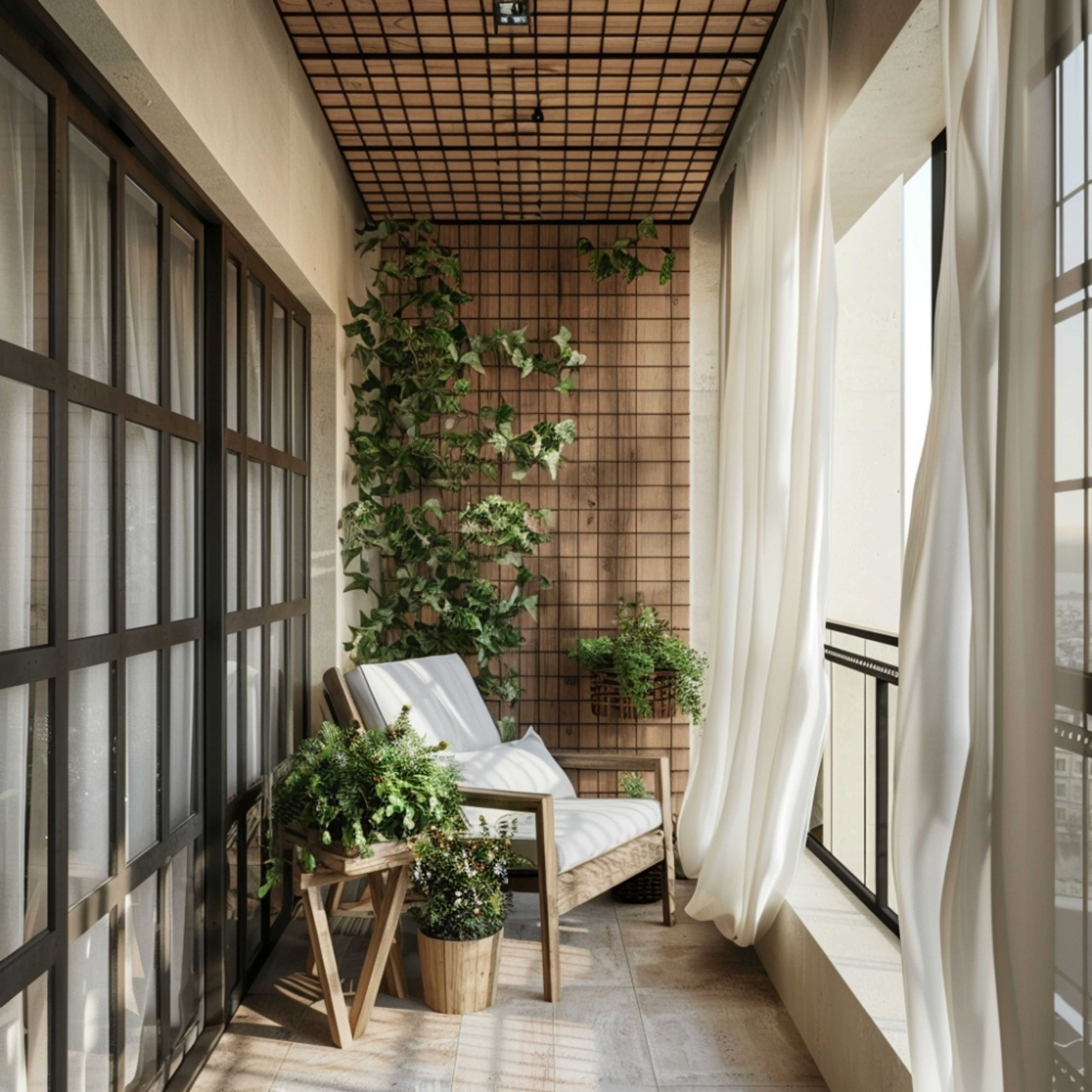 Charming Tropical Balcony Design with Wooden Panel and Metal Frames