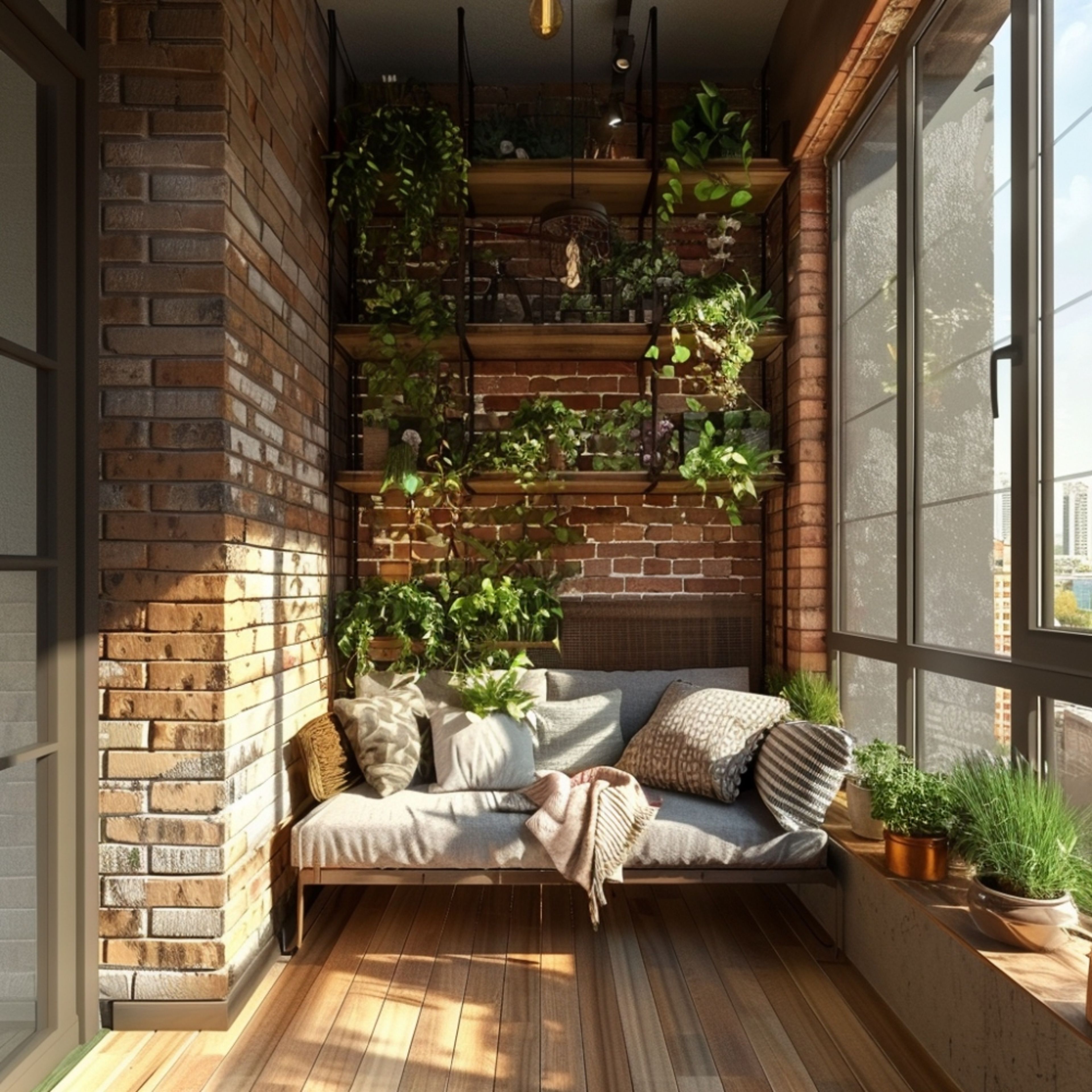Tropical Balcony Design with Brick Wall and Wooden Shelves for Plants
