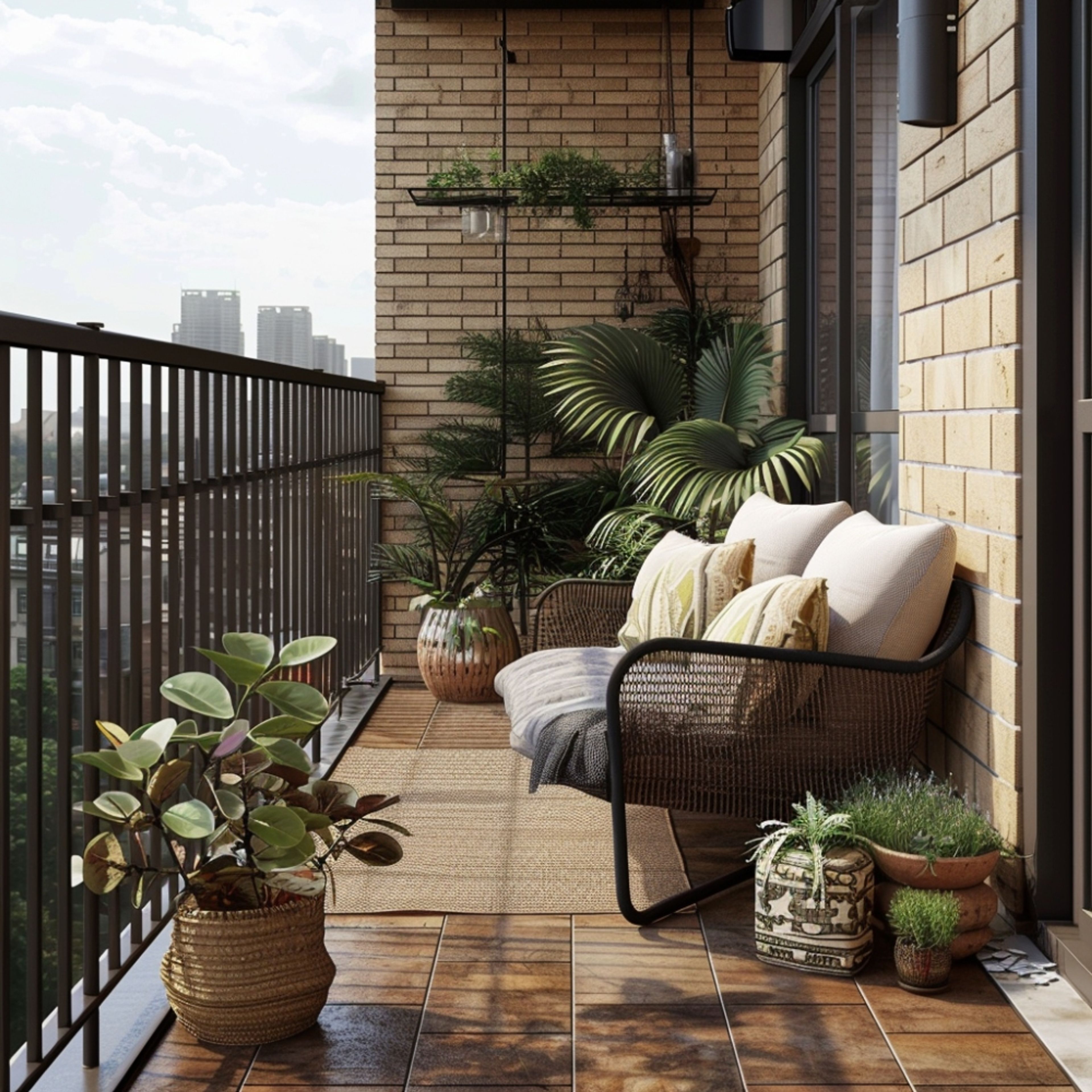 Relaxing Tropical Balcony Design with Cushioned Sofa