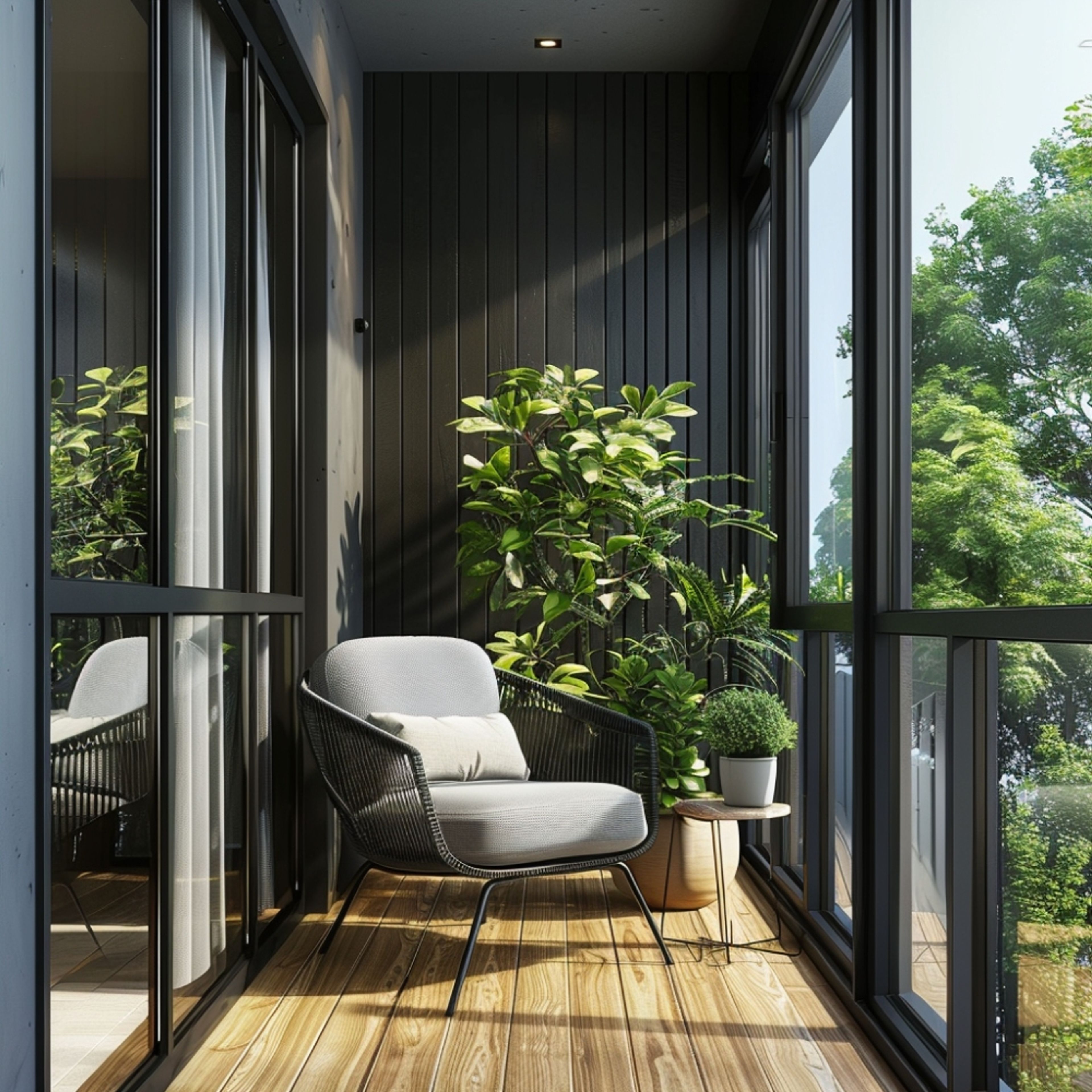 Chic Tropical Balcony Design with Comfy Seating and Natural Wooden Flooring