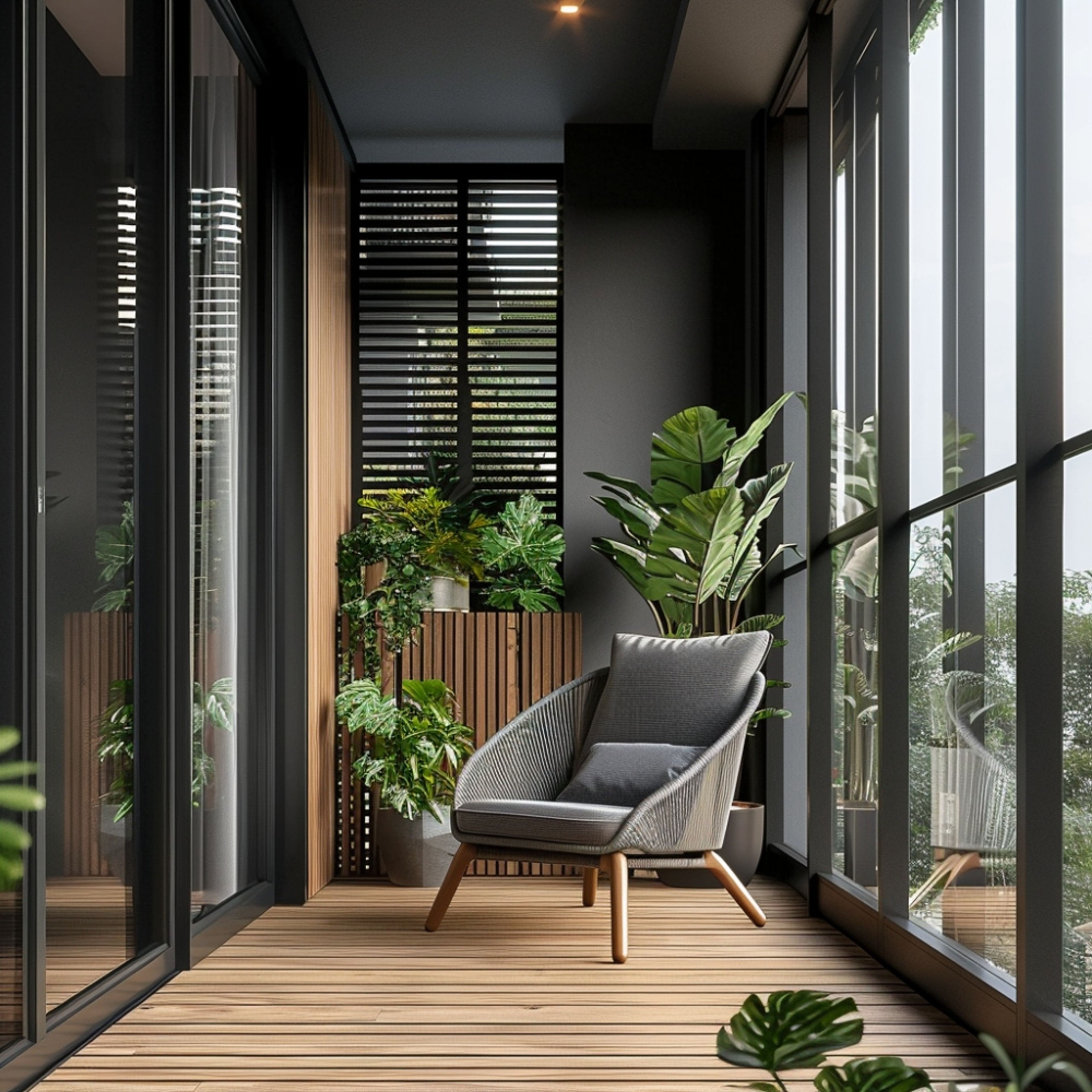 Tropical Balcony Design with Grey Accent Chair and Wooden Flooring