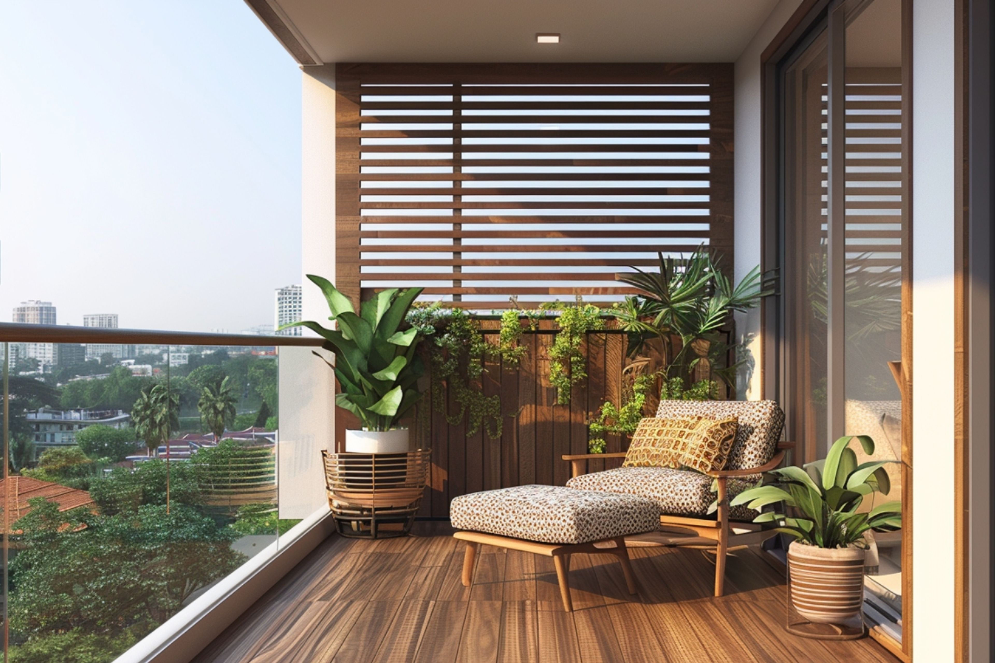 Wooden Wall Panel and Wooden Chair in Tropical Balcony Design
