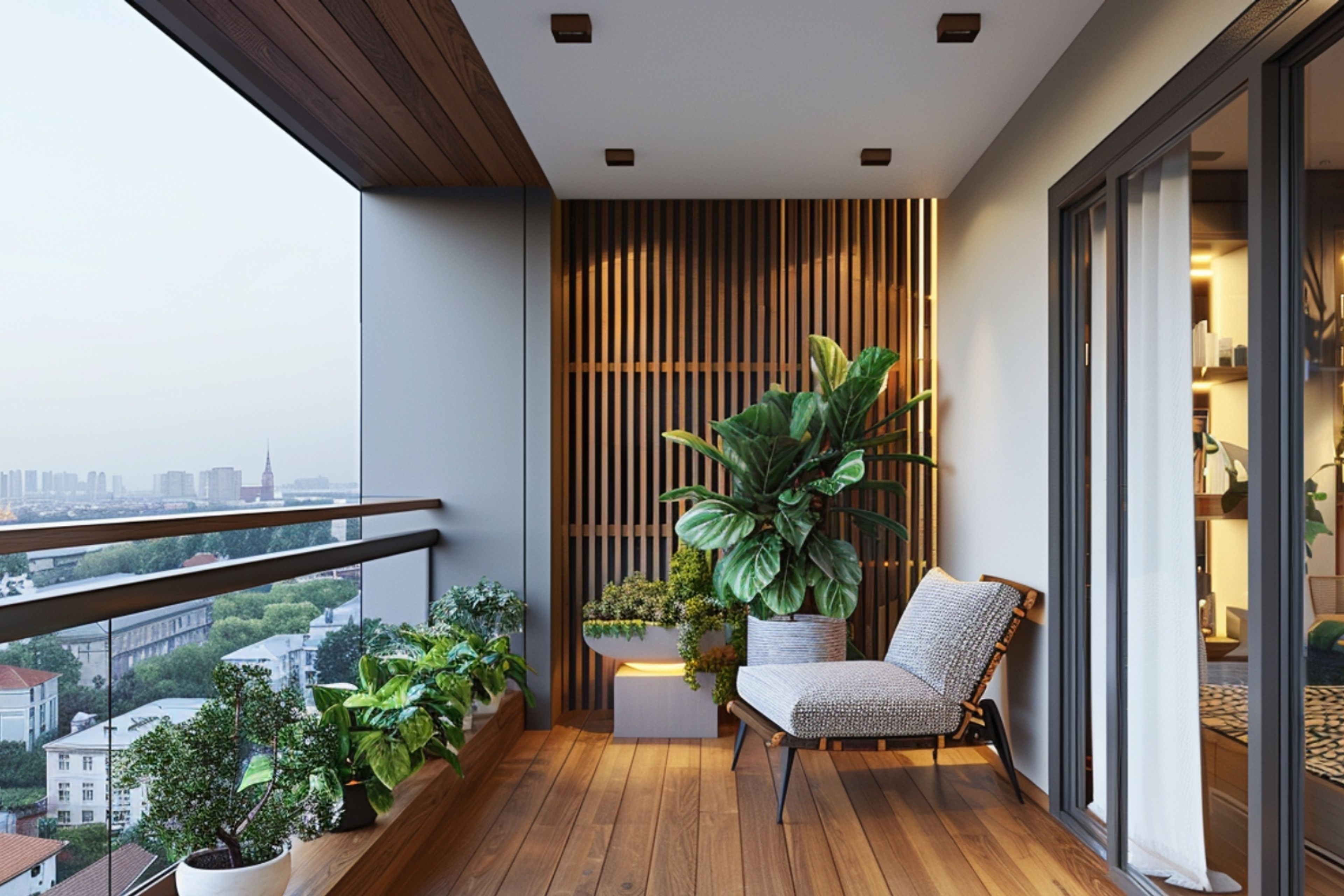 Tropical Balcony Design with Wooden Vertical Panels and Warm Wood Flooring