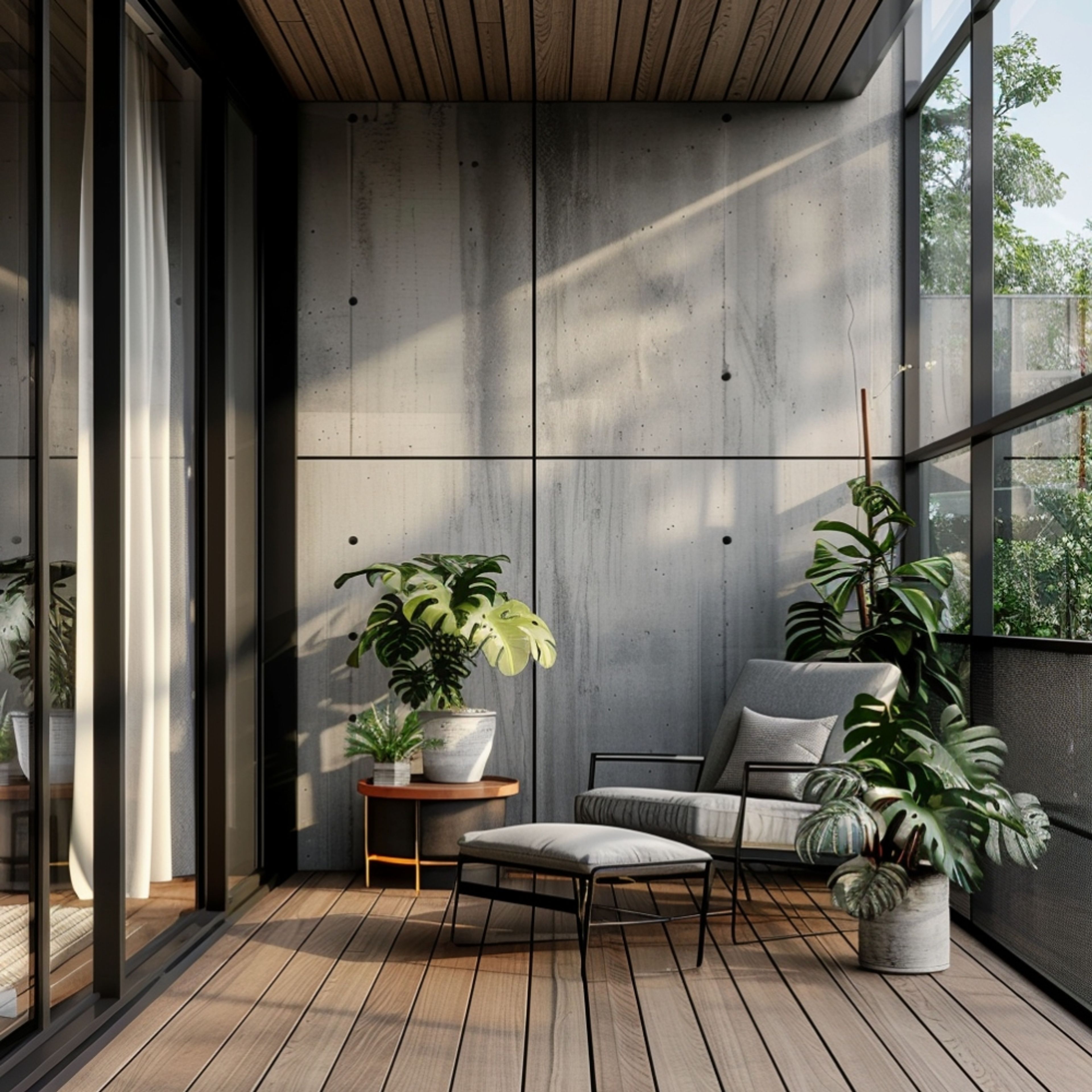 Concrete Finish and Wooden Flooring in Spacious Tropical Balcony Design