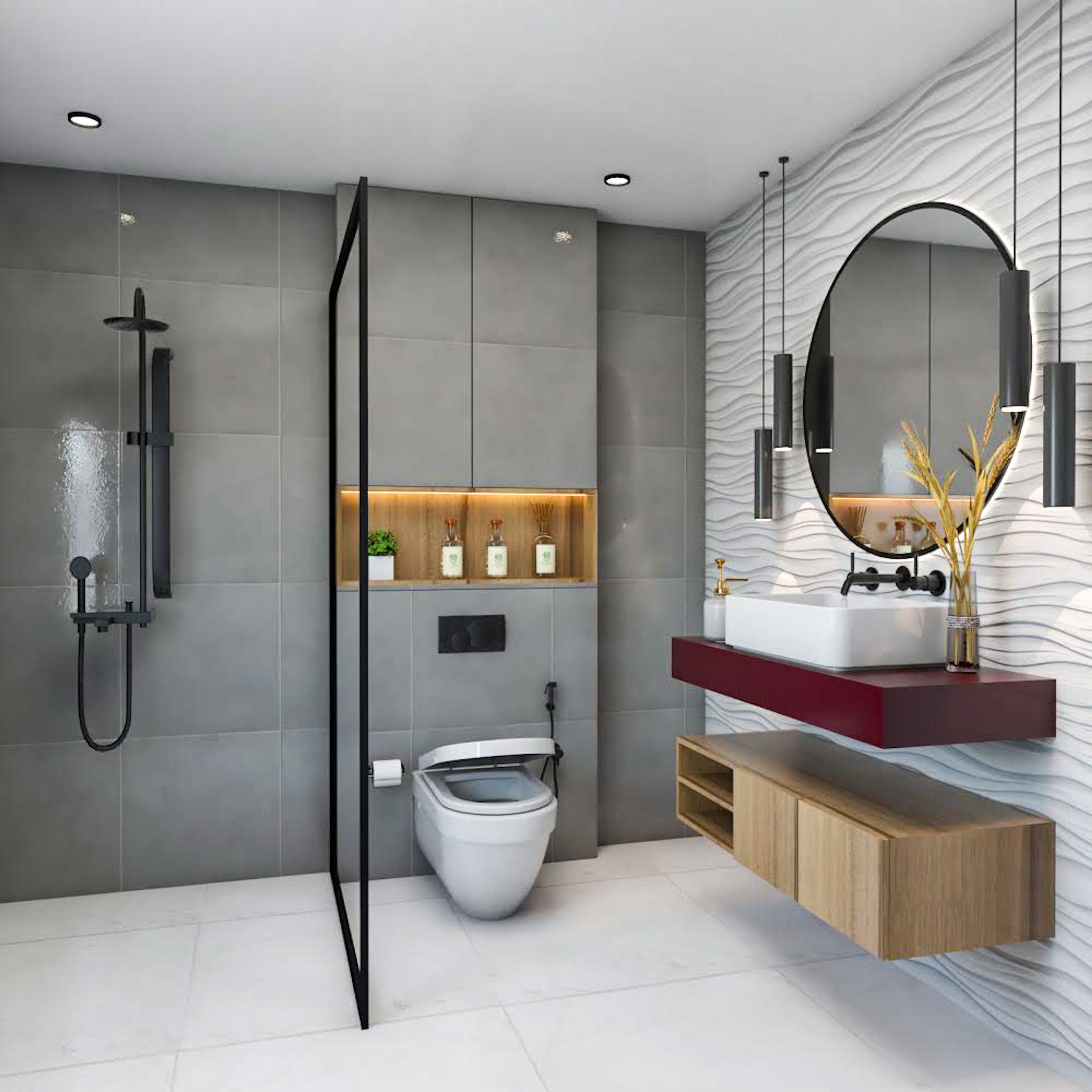 Contemporary Bathroom Design with Backlit Mirror and Glass Partition