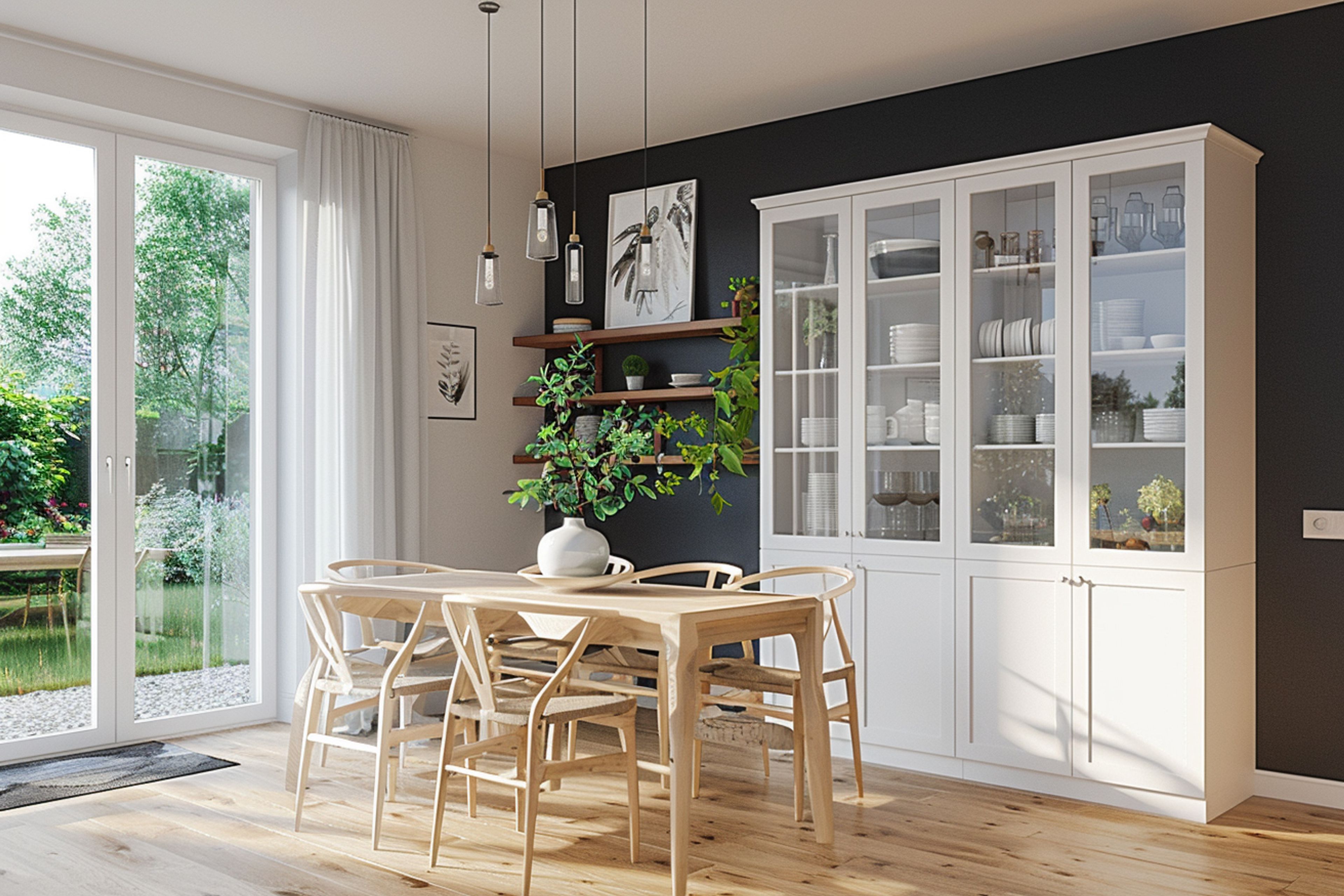 Scandinavian Dining Room Design with Wooden Table and Glass Cabinets