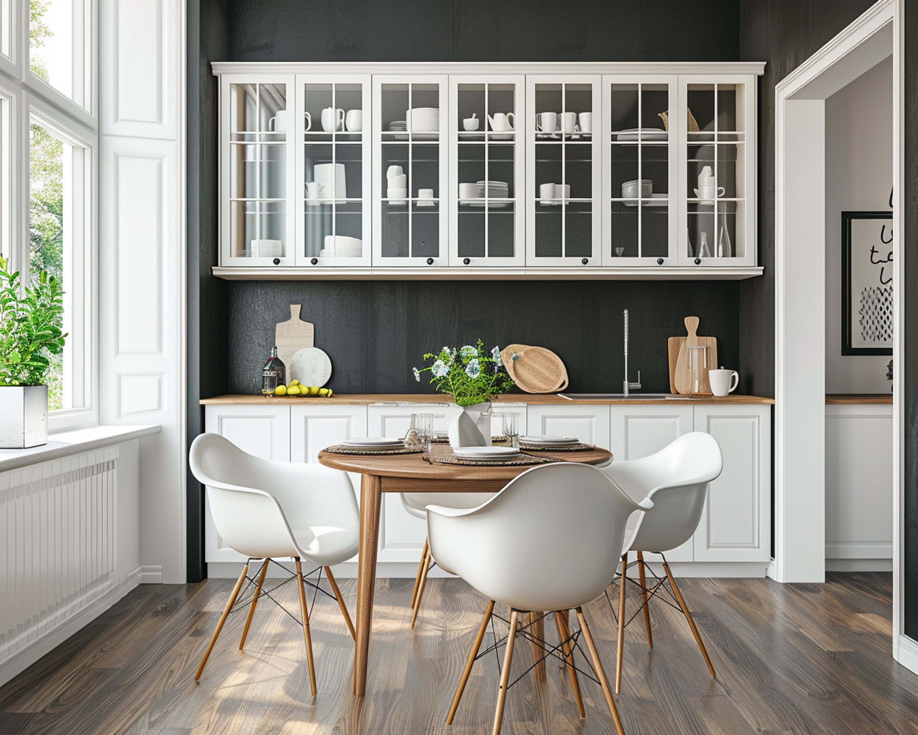 Scandinavian Dining Room Design with Black Accent Wall
