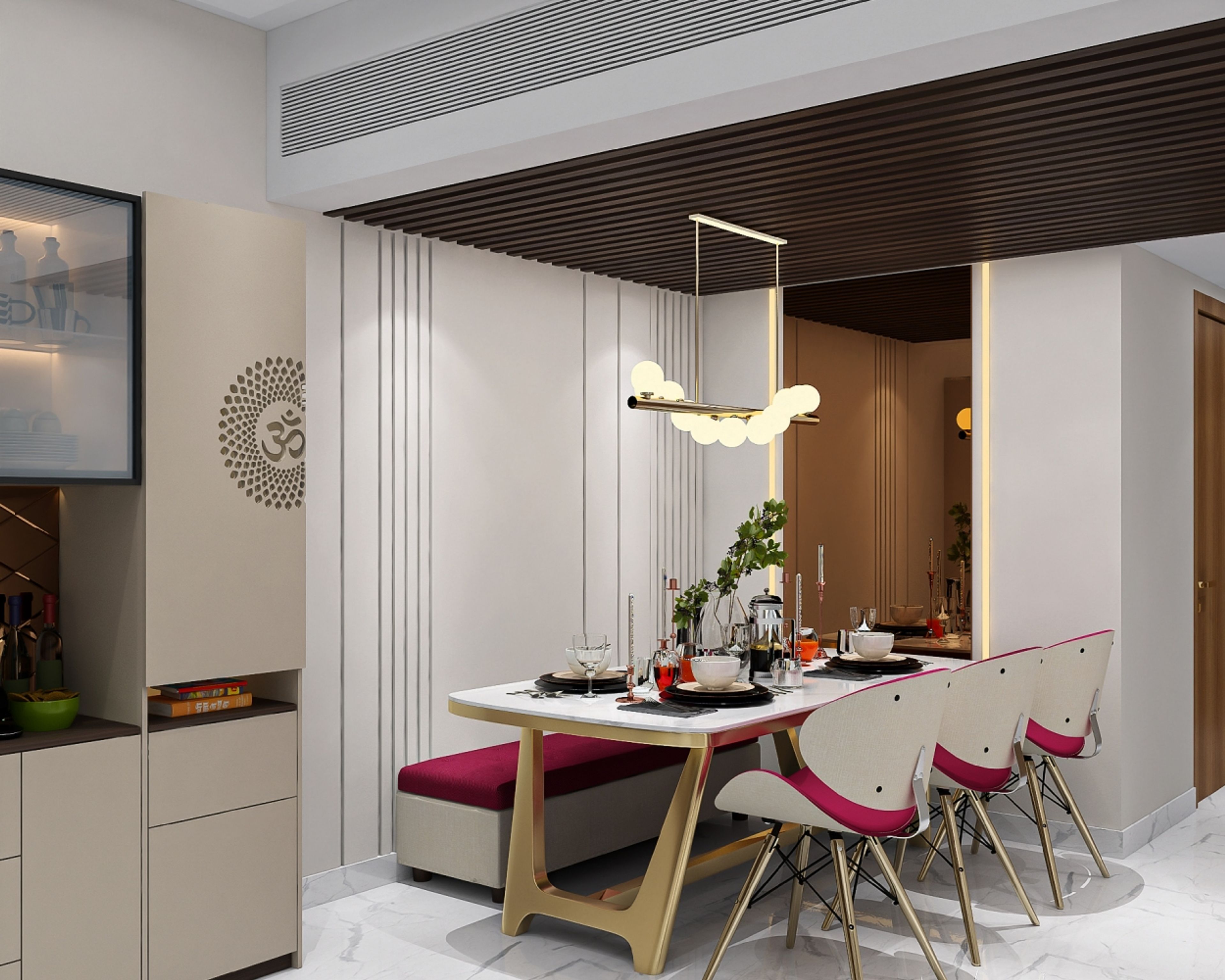 Contemporary Dining Room Design with Marble Table and Maroon Chairs