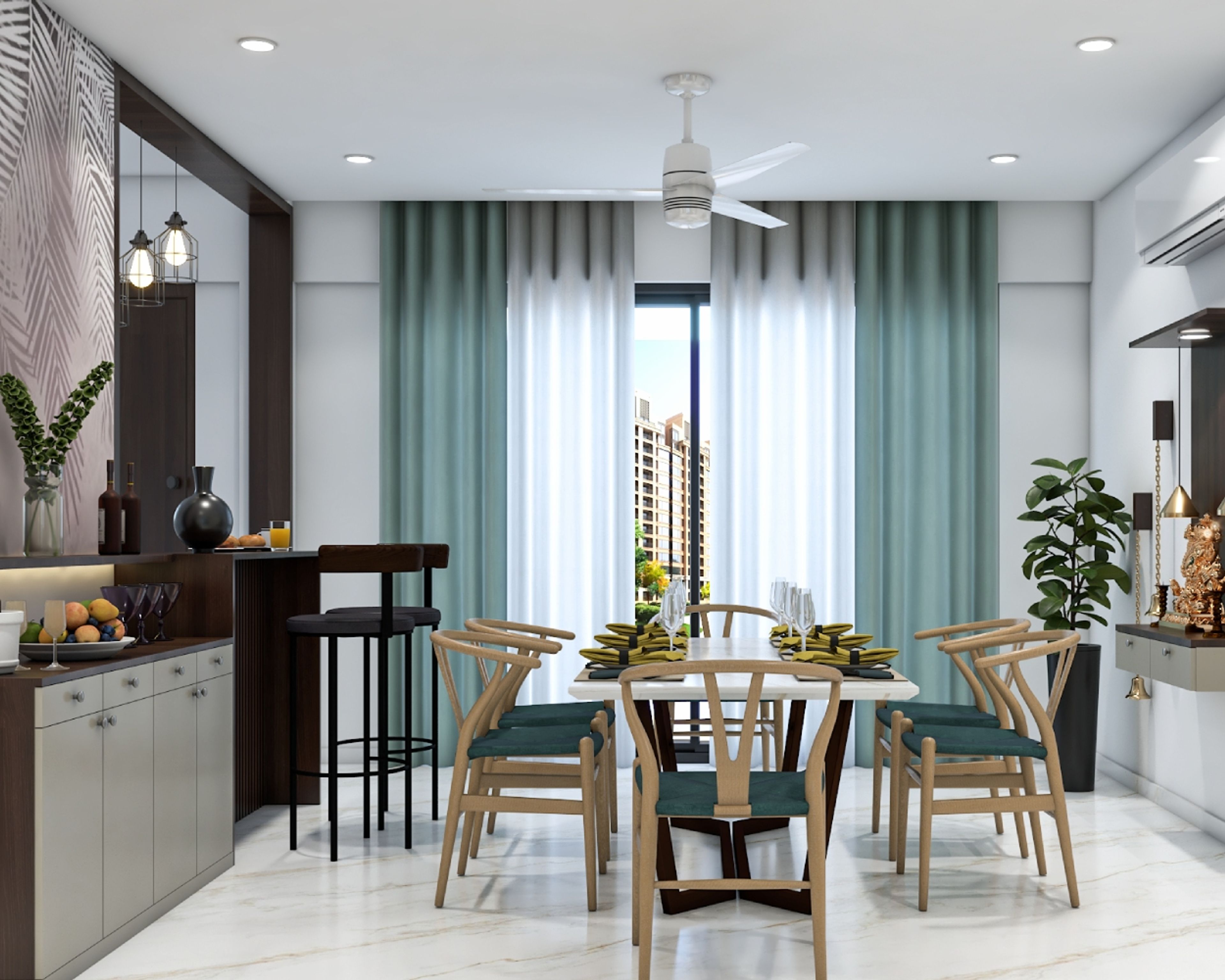 Contemporary Dining Room Design with Marble Top Table and Wooden Chairs