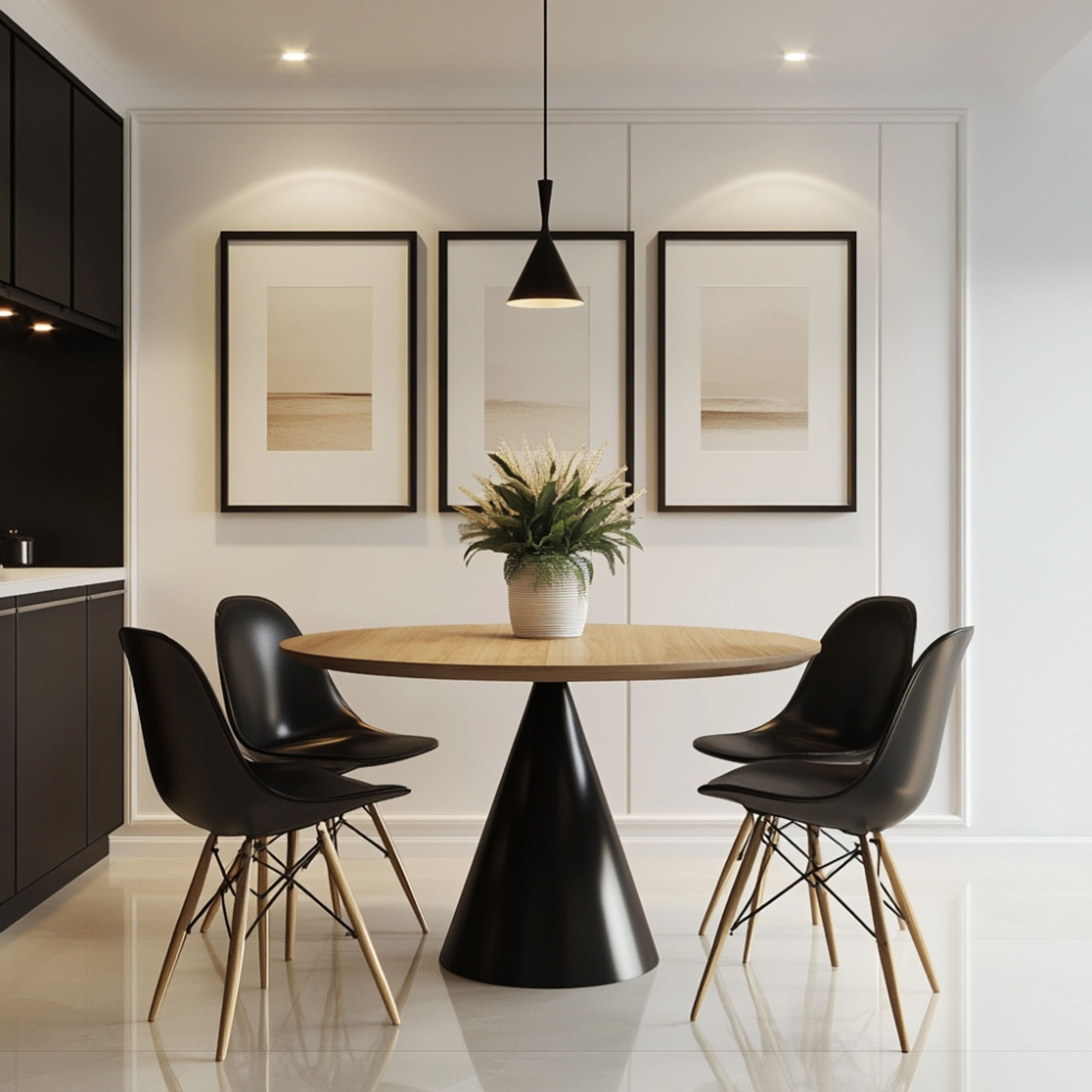 Minimalist Dining Room Design with Circular Wooden Table and Black Chairs