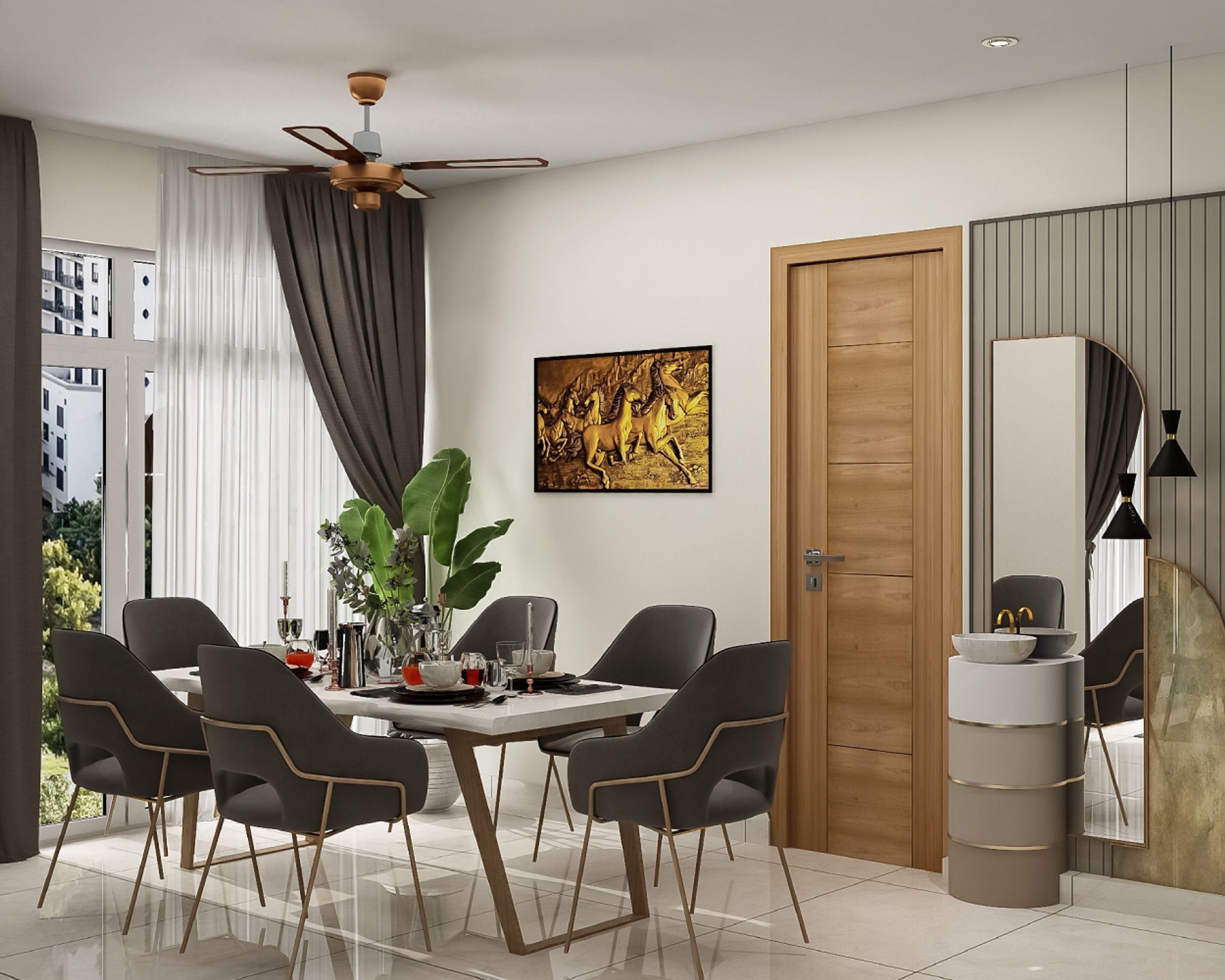 Contemporary Dining Room Design with Marble Table and Metal Leg Chairs