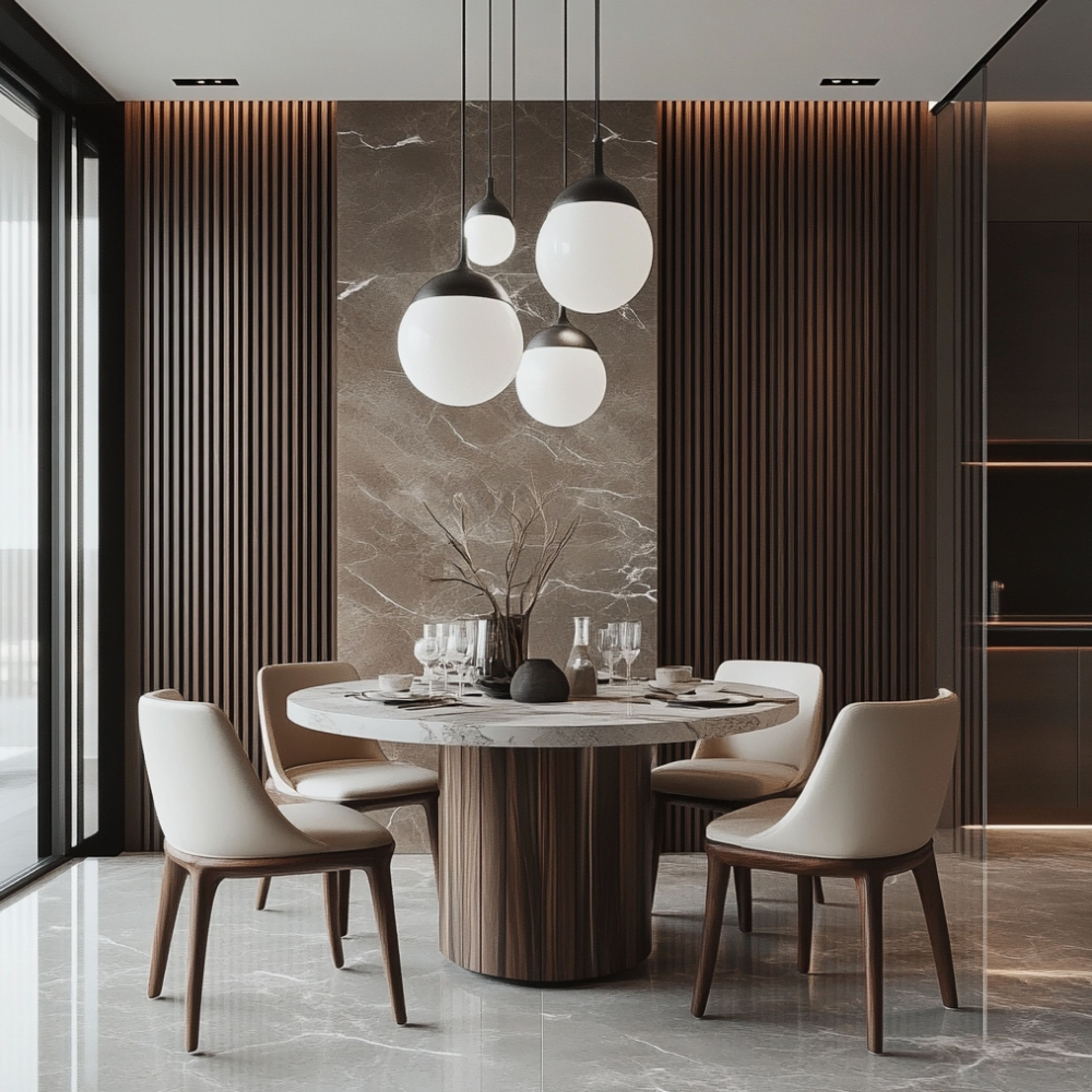 Contemporary Dining Room Design with Fluted Panels and Marble Top Table