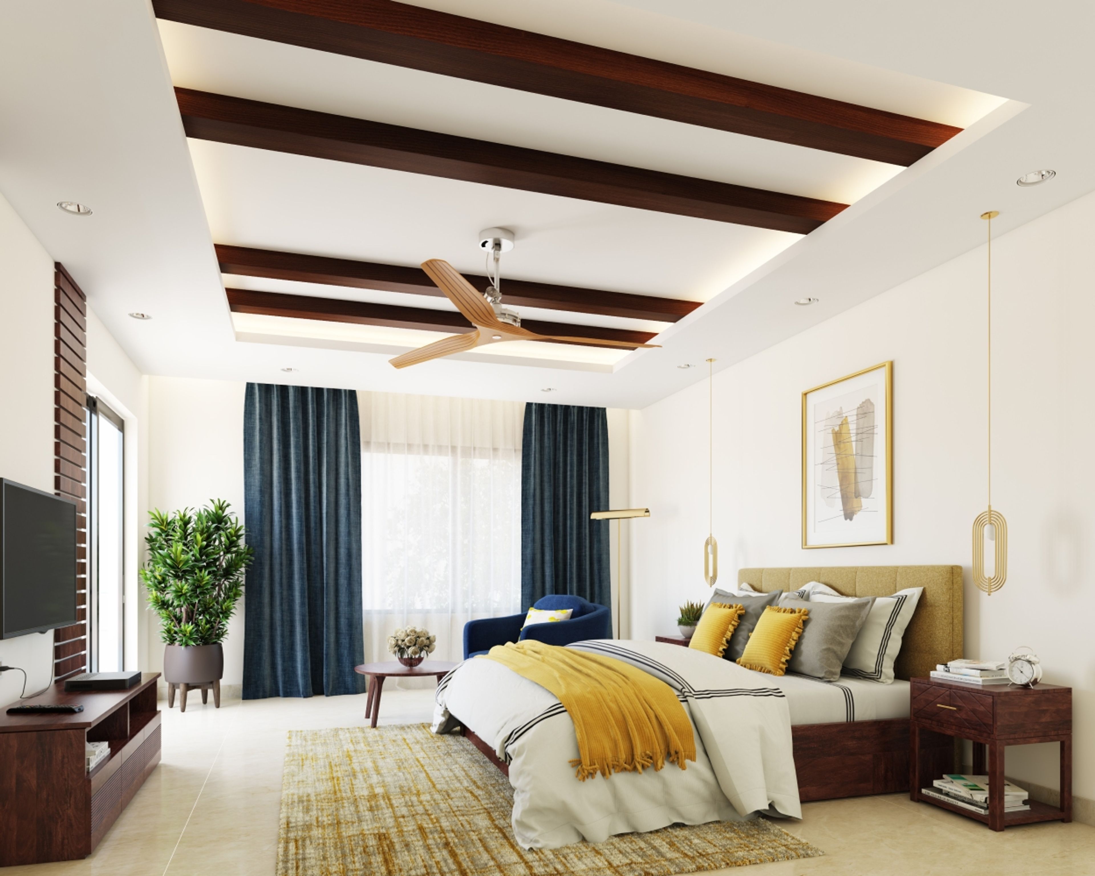 Modern Peripheral Gypsum False Ceiling with Wooden Slats