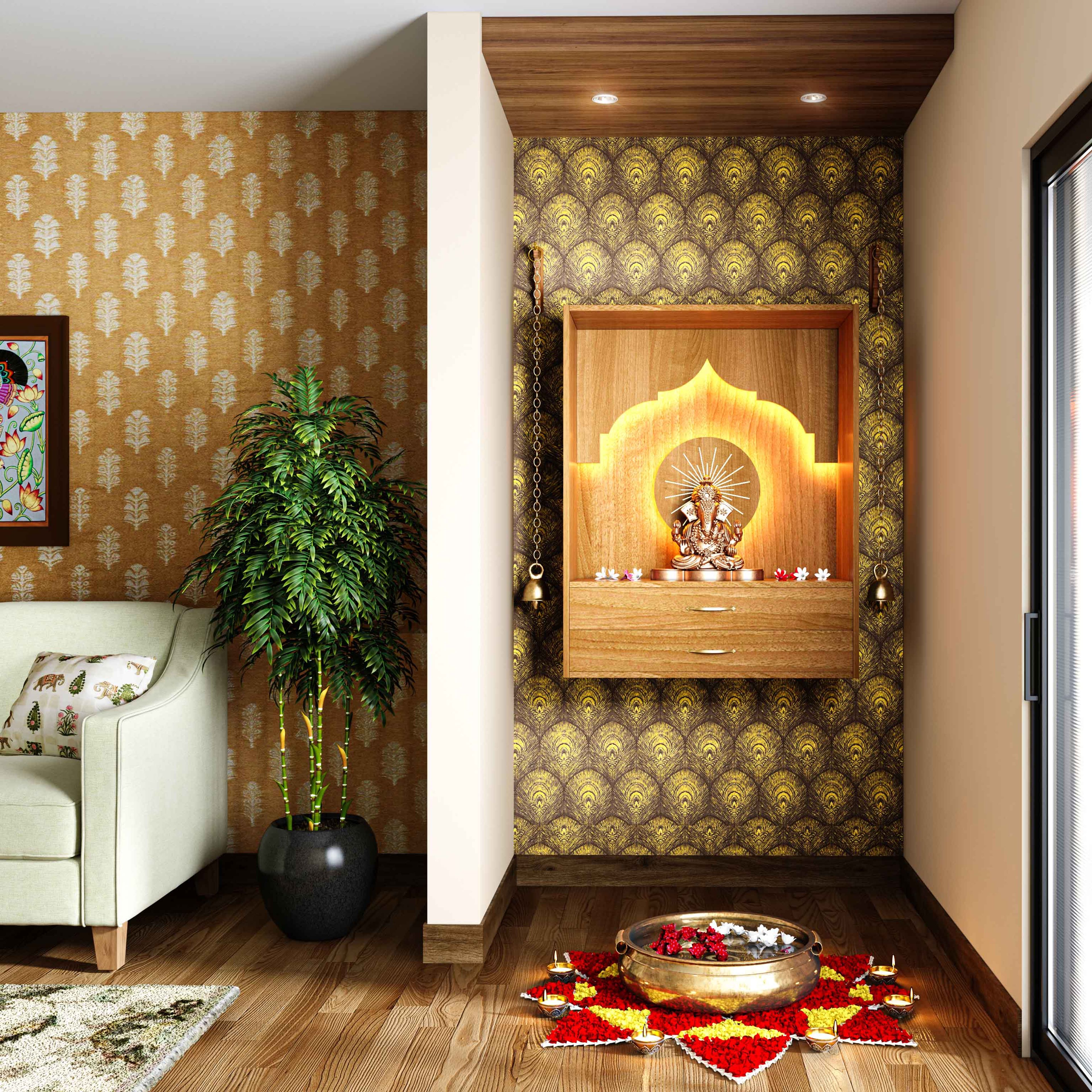 Traditional Indian Wooden False Ceiling Design with Spotlights