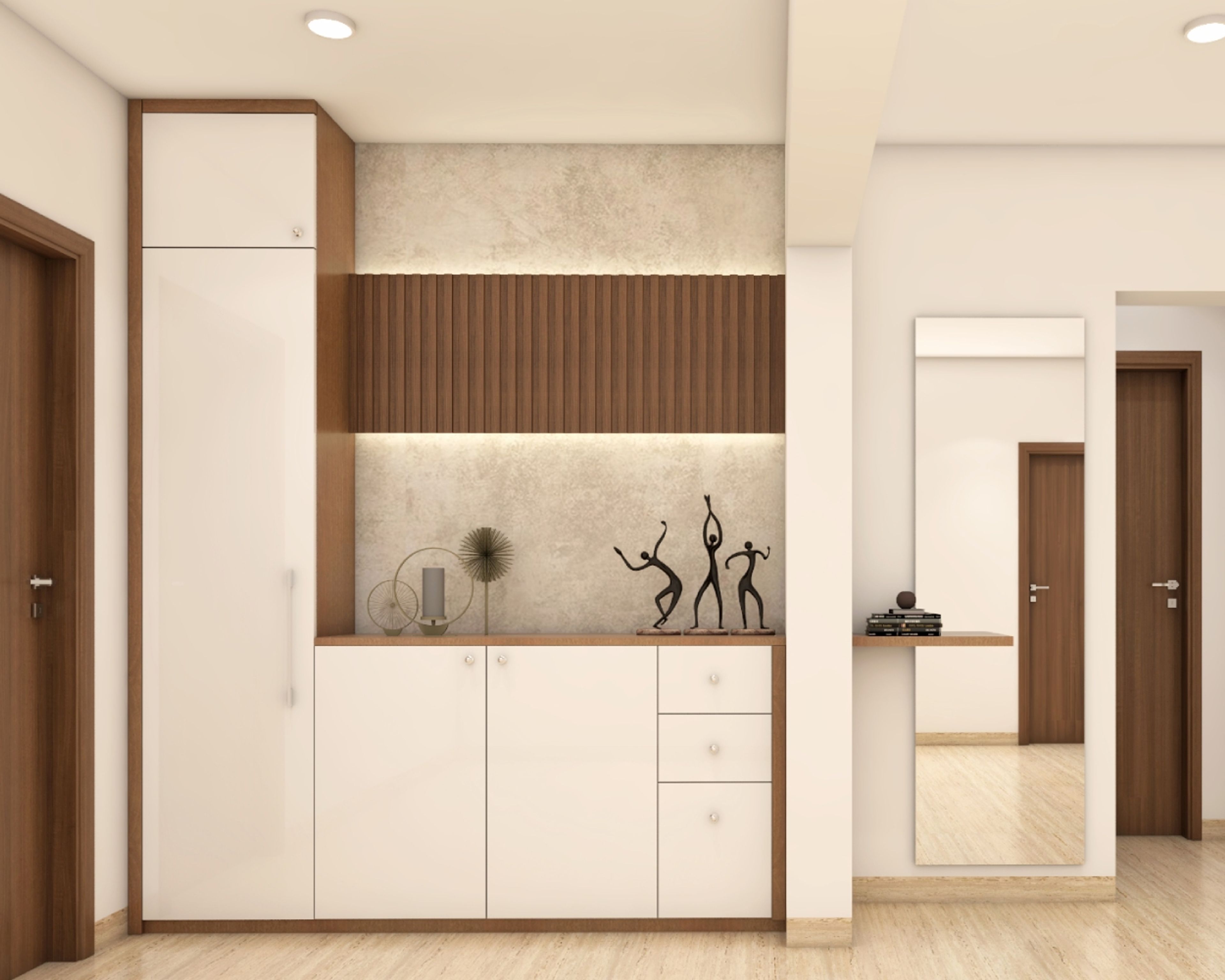 Modern Foyer Design with Tall Storage, Long Mirror, and LED Lighting