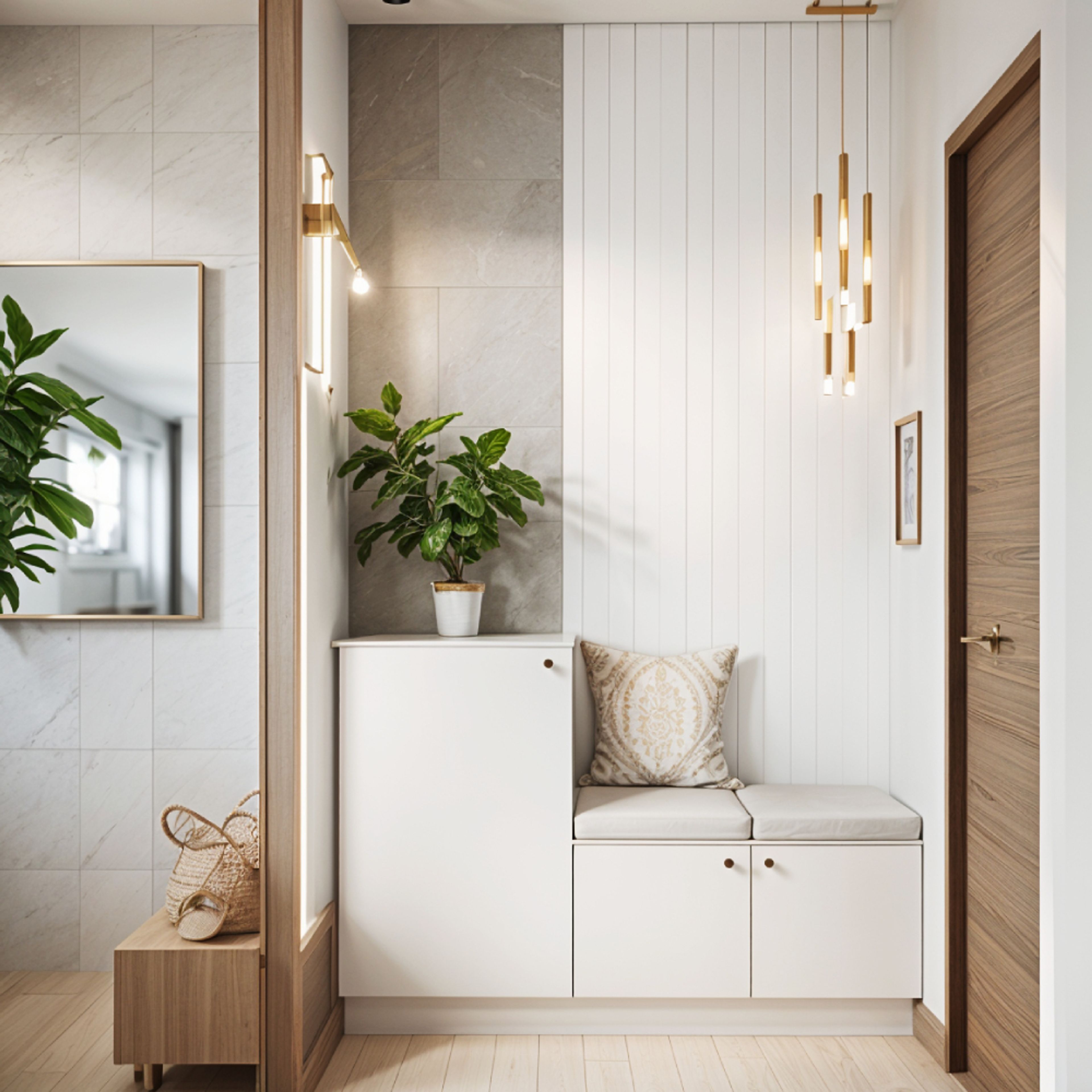Modern Foyer Design With Storage Unit and Wooden Countertop Display